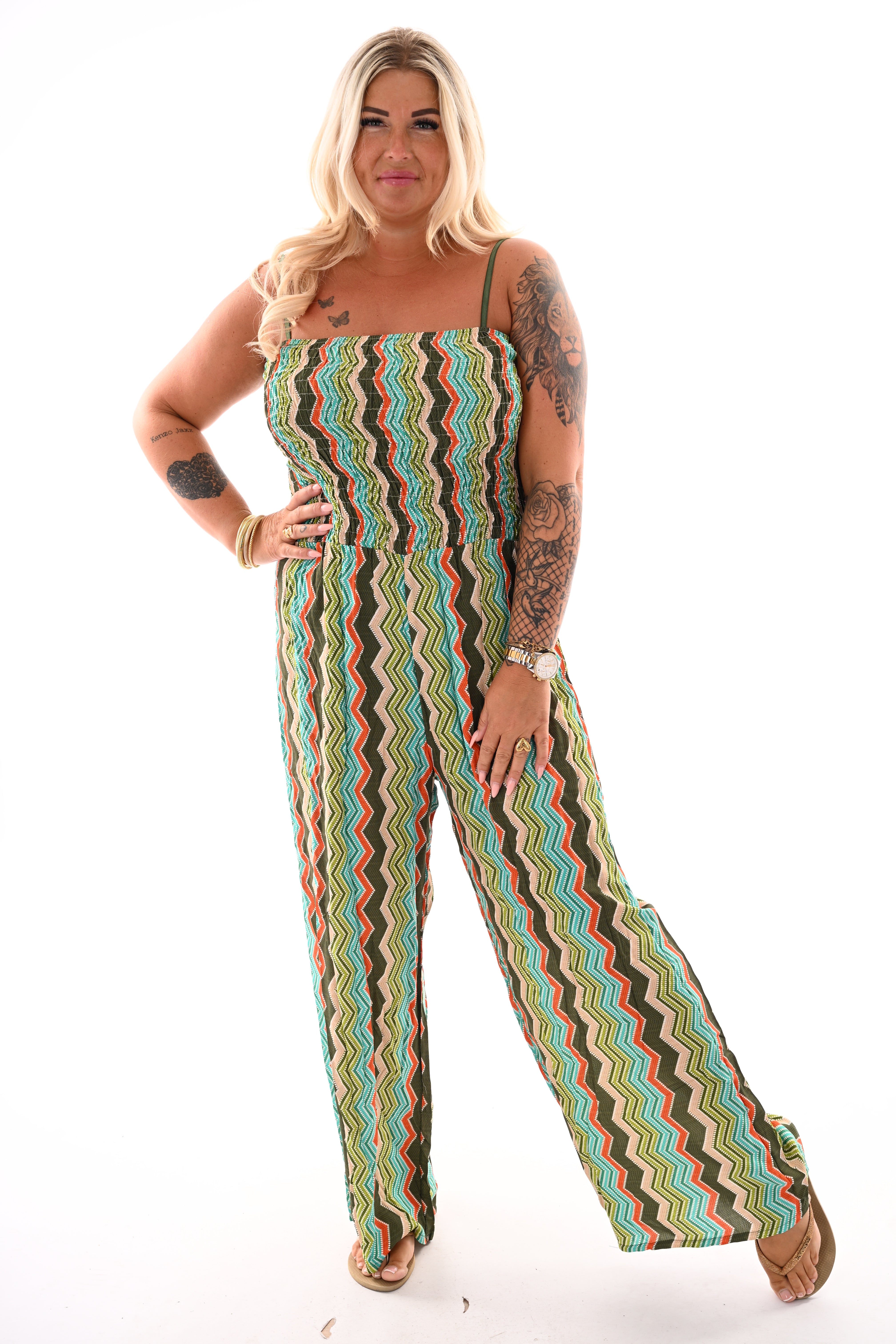 Strapless jumpsuit zigzag legergroen
