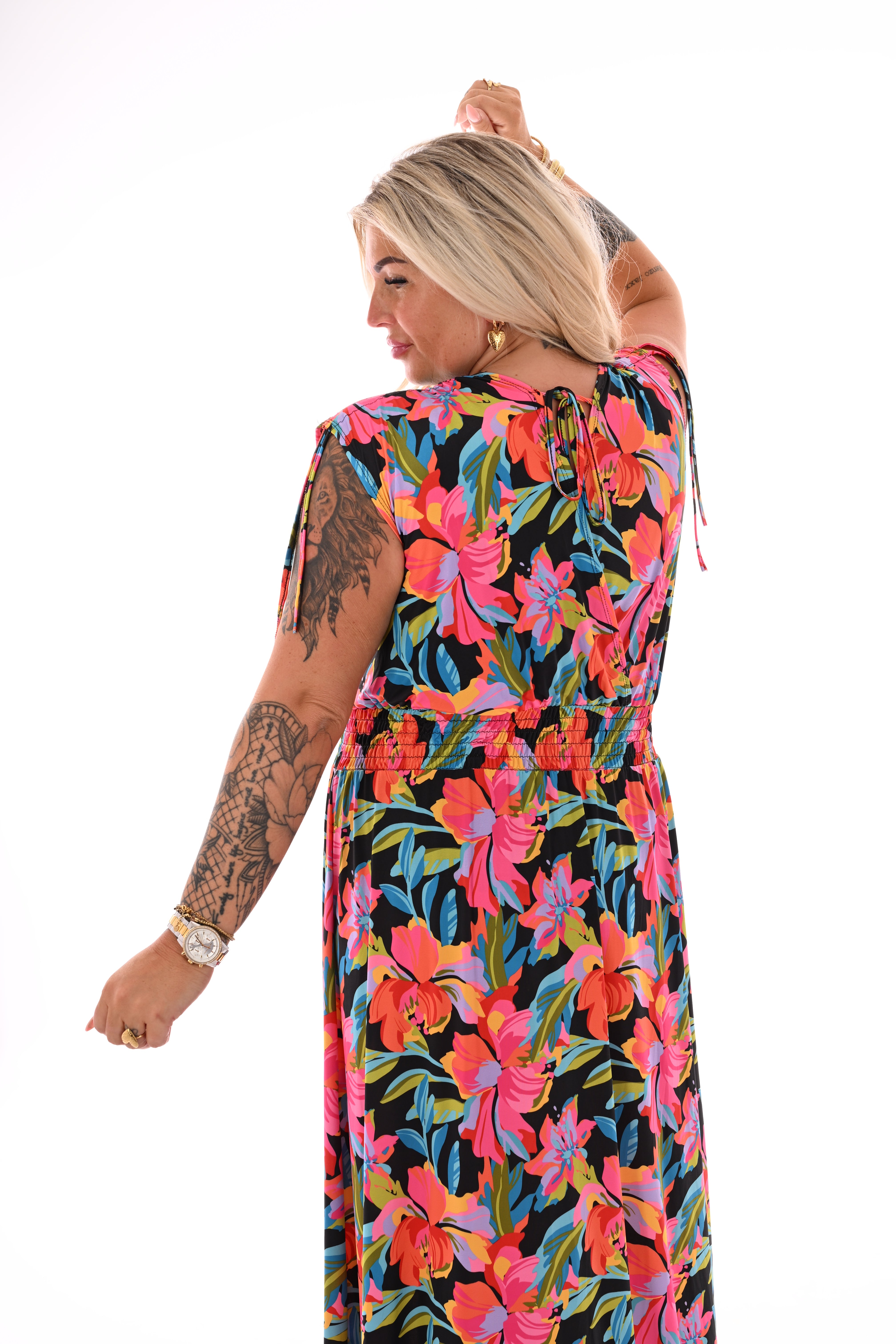 Lange jurk magic print bloemen zwart/oranje