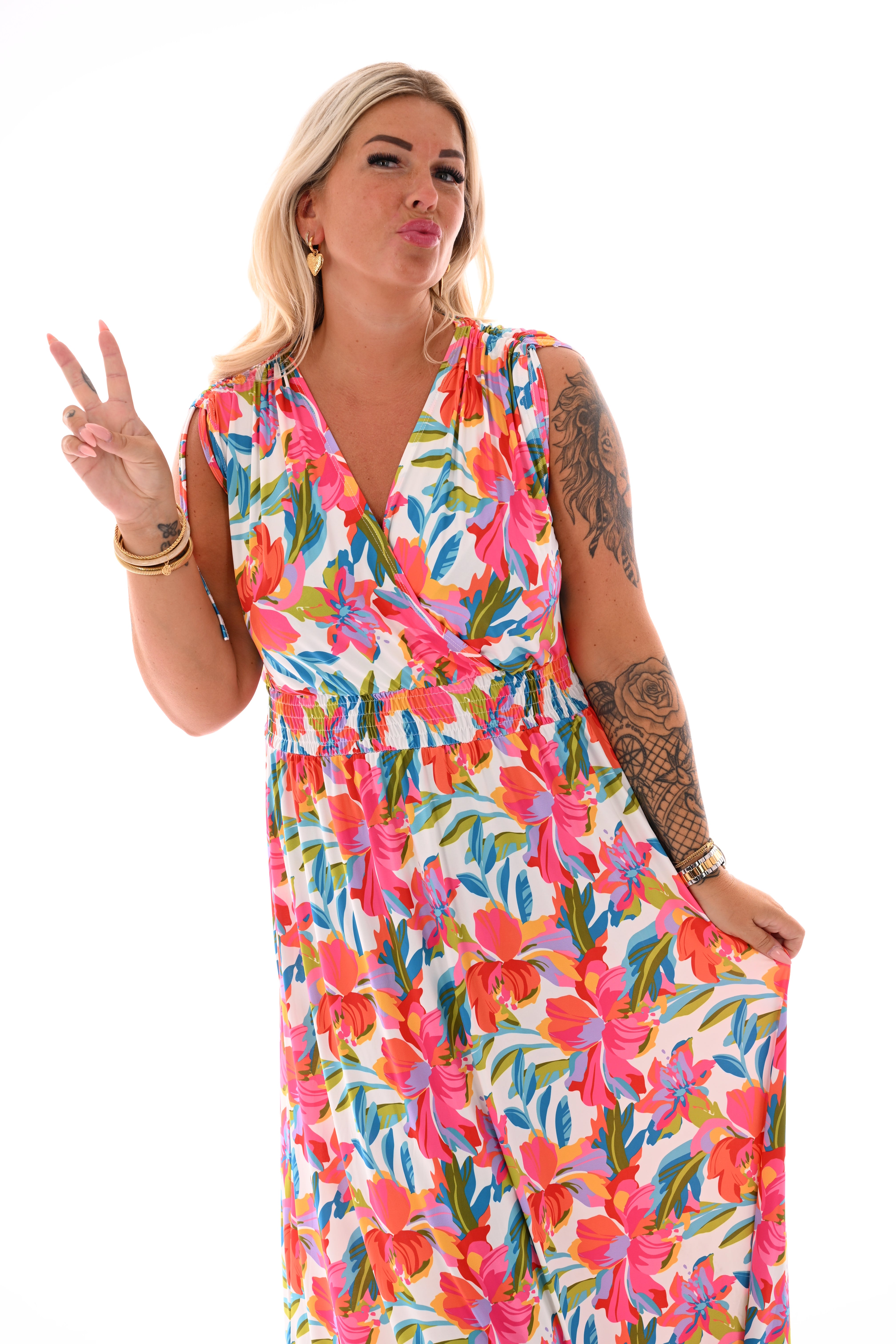Lange jurk magic print bloemen wit/oranje