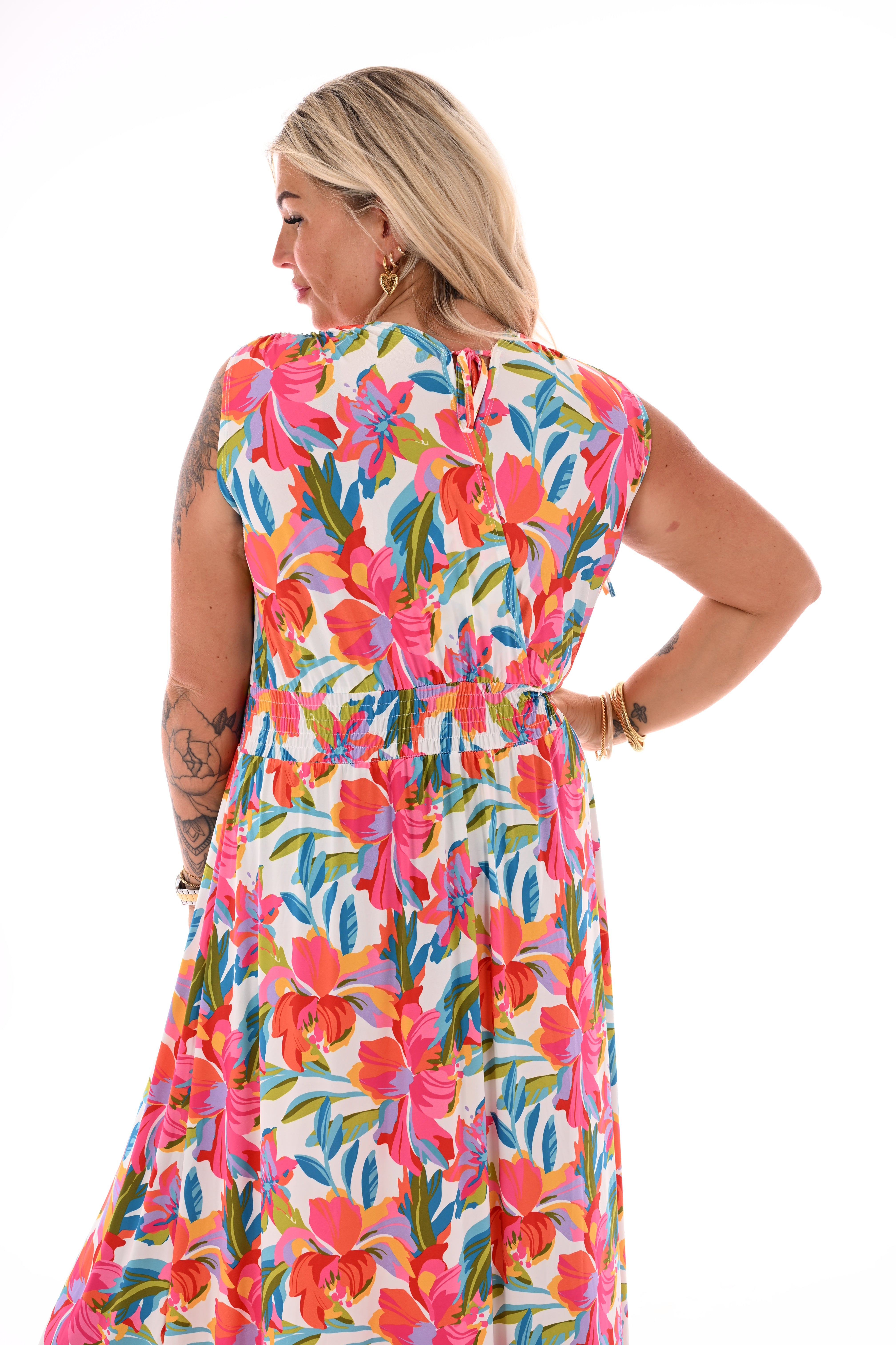 Lange jurk magic print bloemen wit/oranje