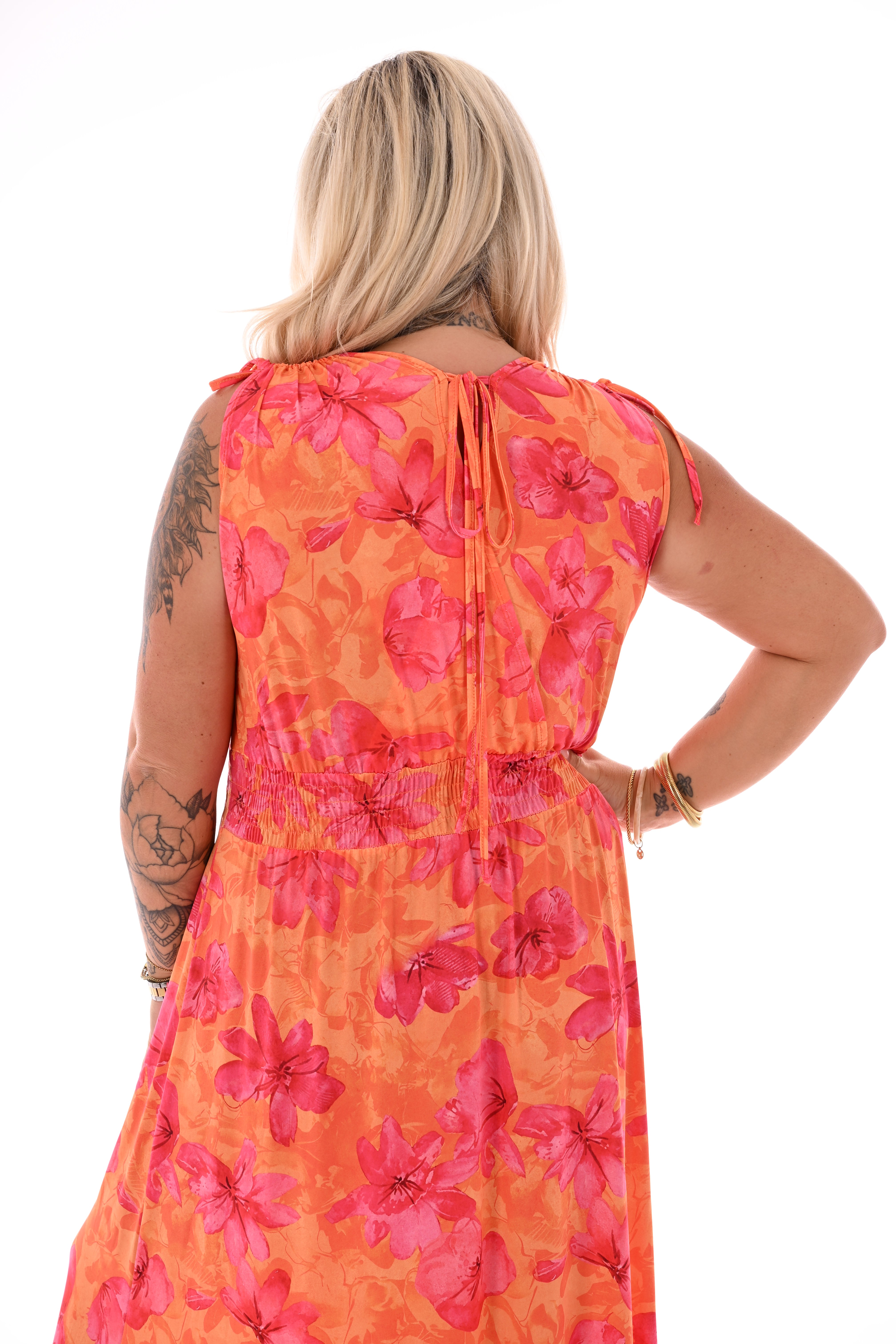 Lange jurk magic print bloemen oranje/roze