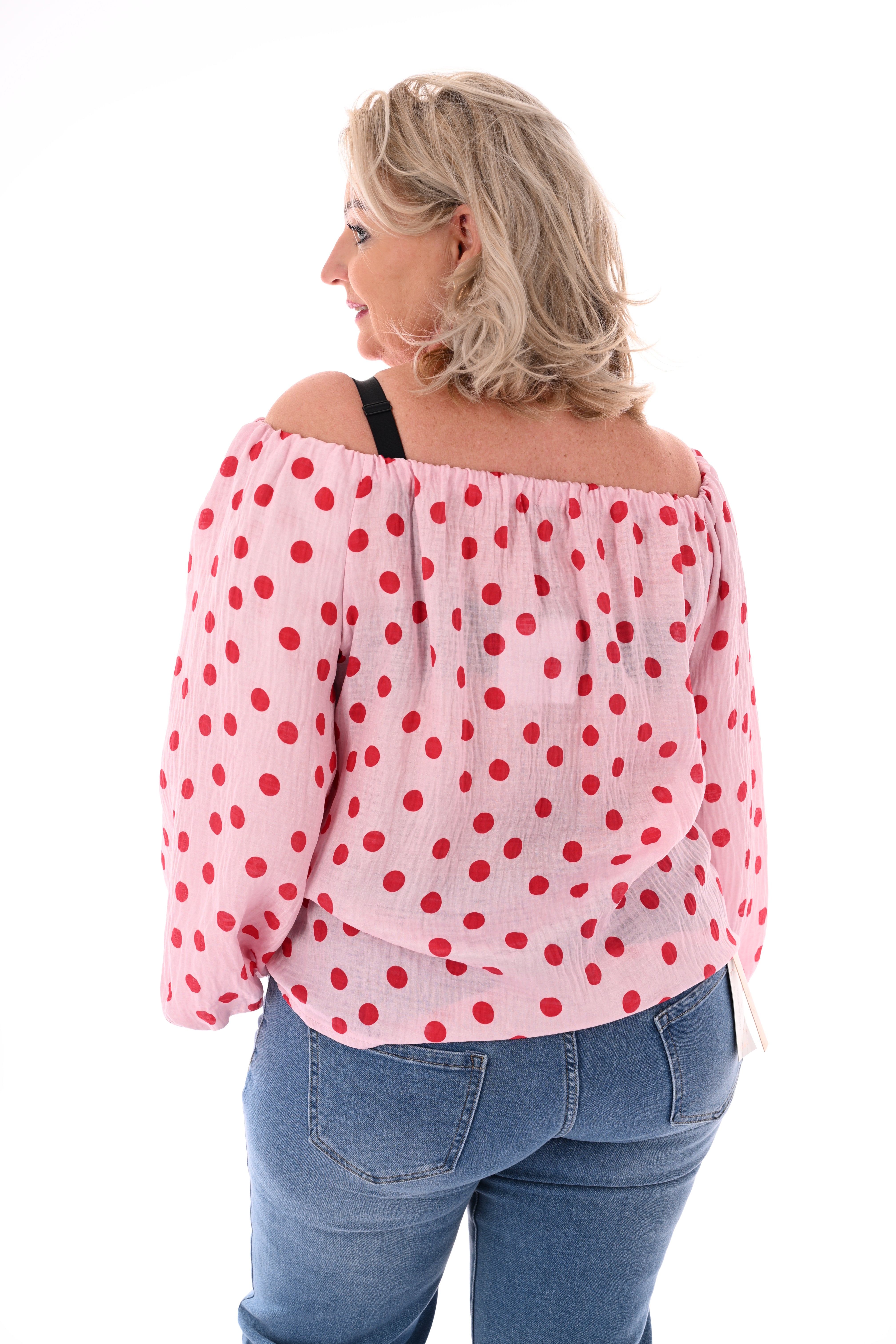 Off-shoulder top dots lichtroze