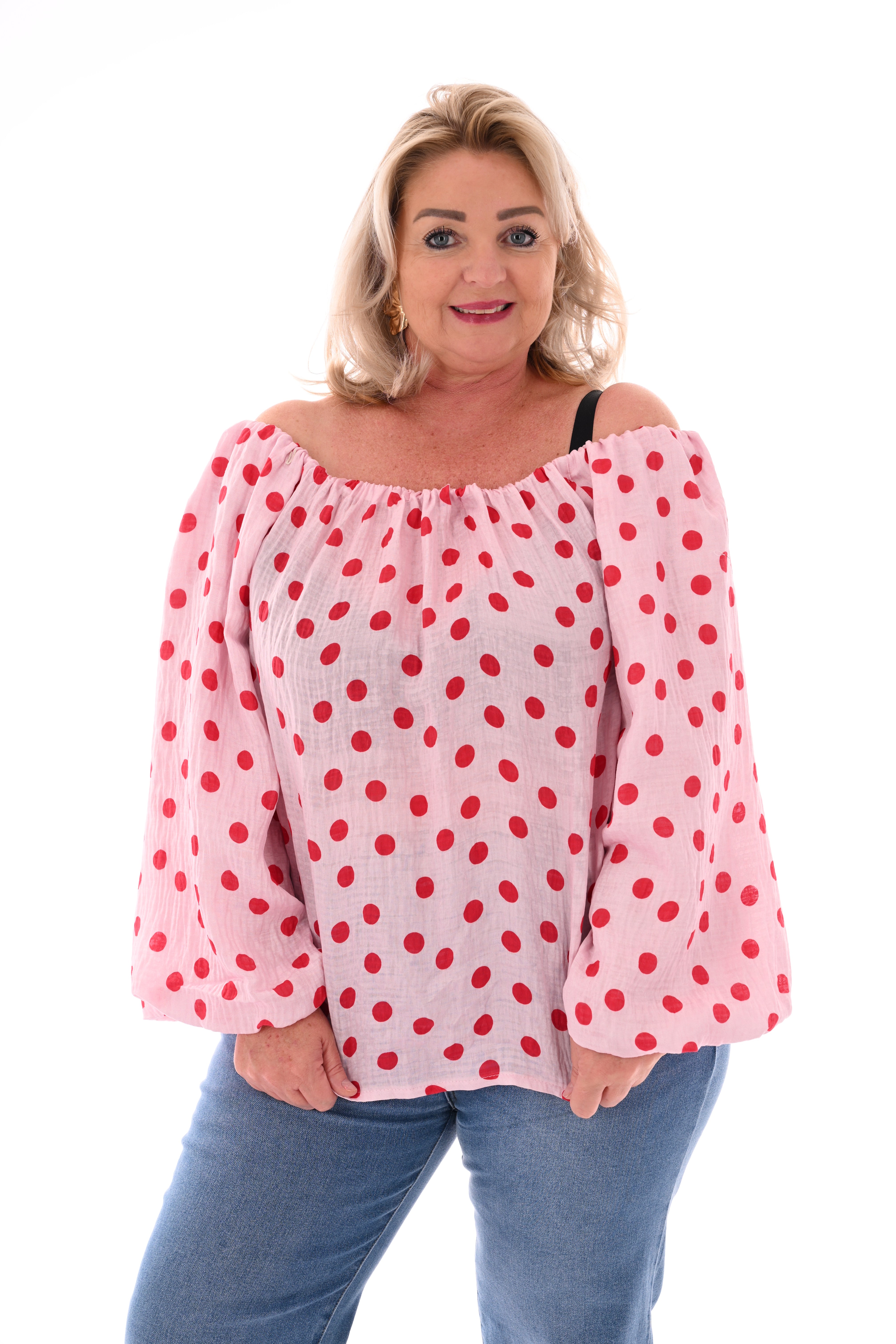 Off-shoulder top dots lichtroze