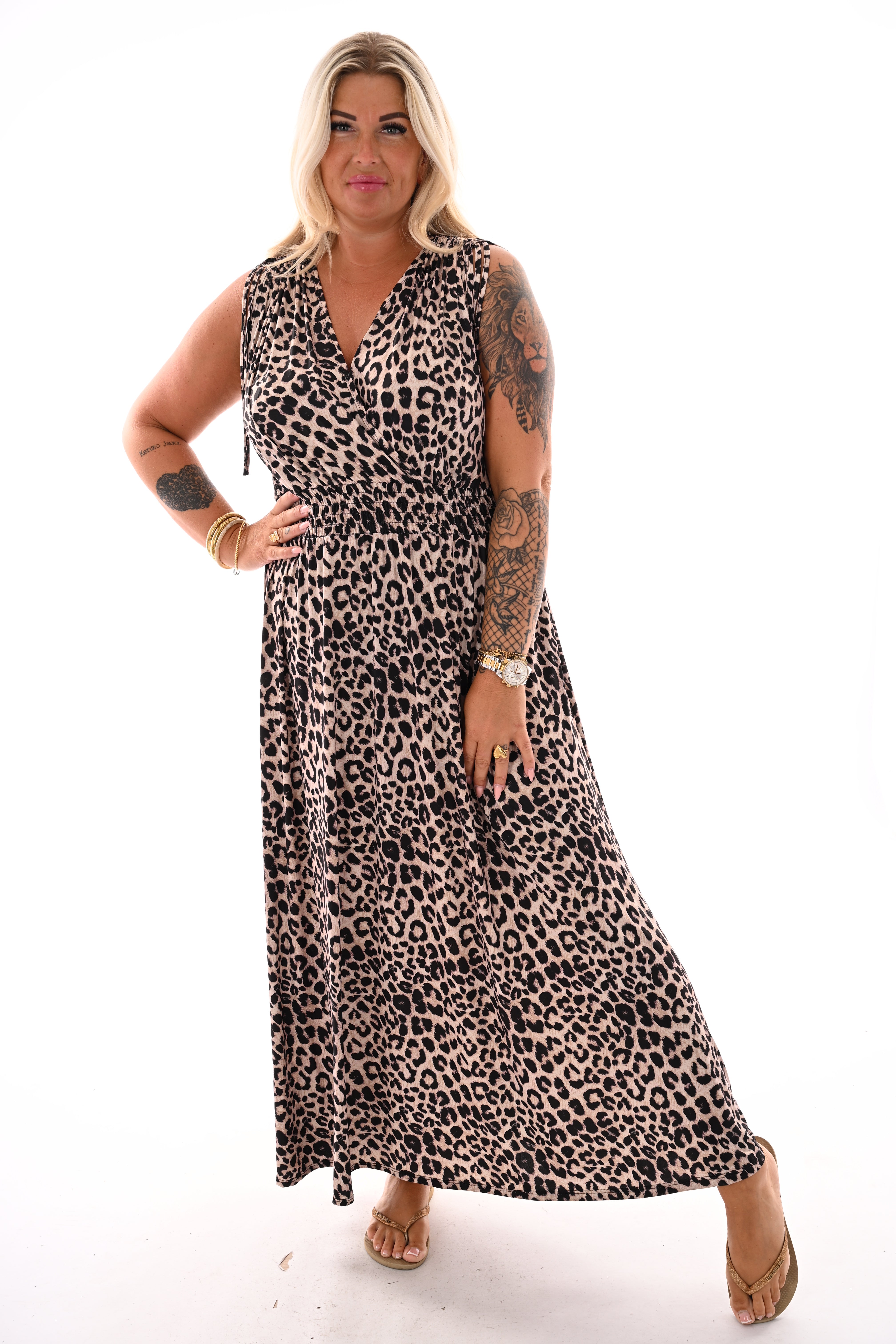 Lange jurk magic print panter beige