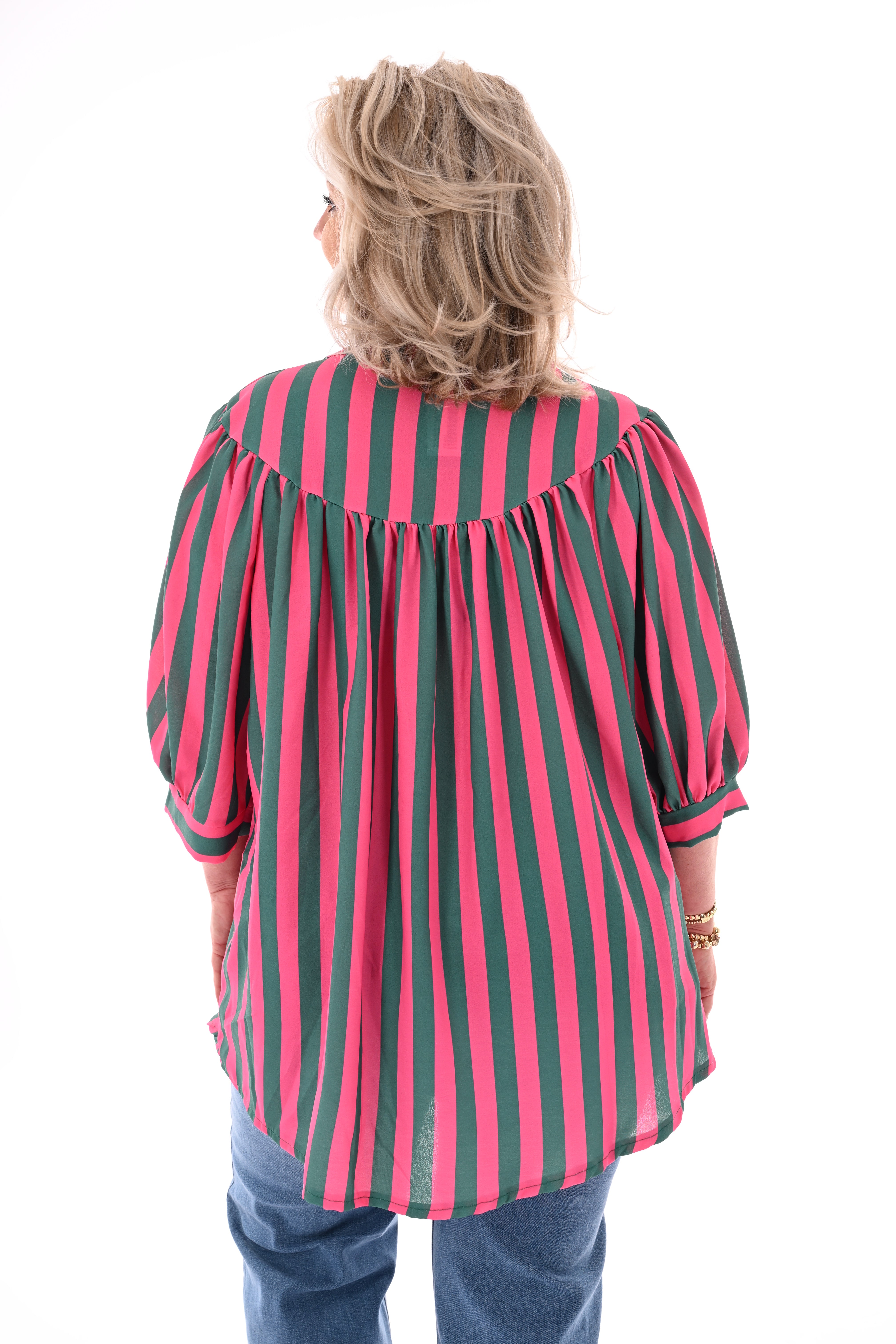 Doorknoop blouse pofmouwen strepen roze/groen