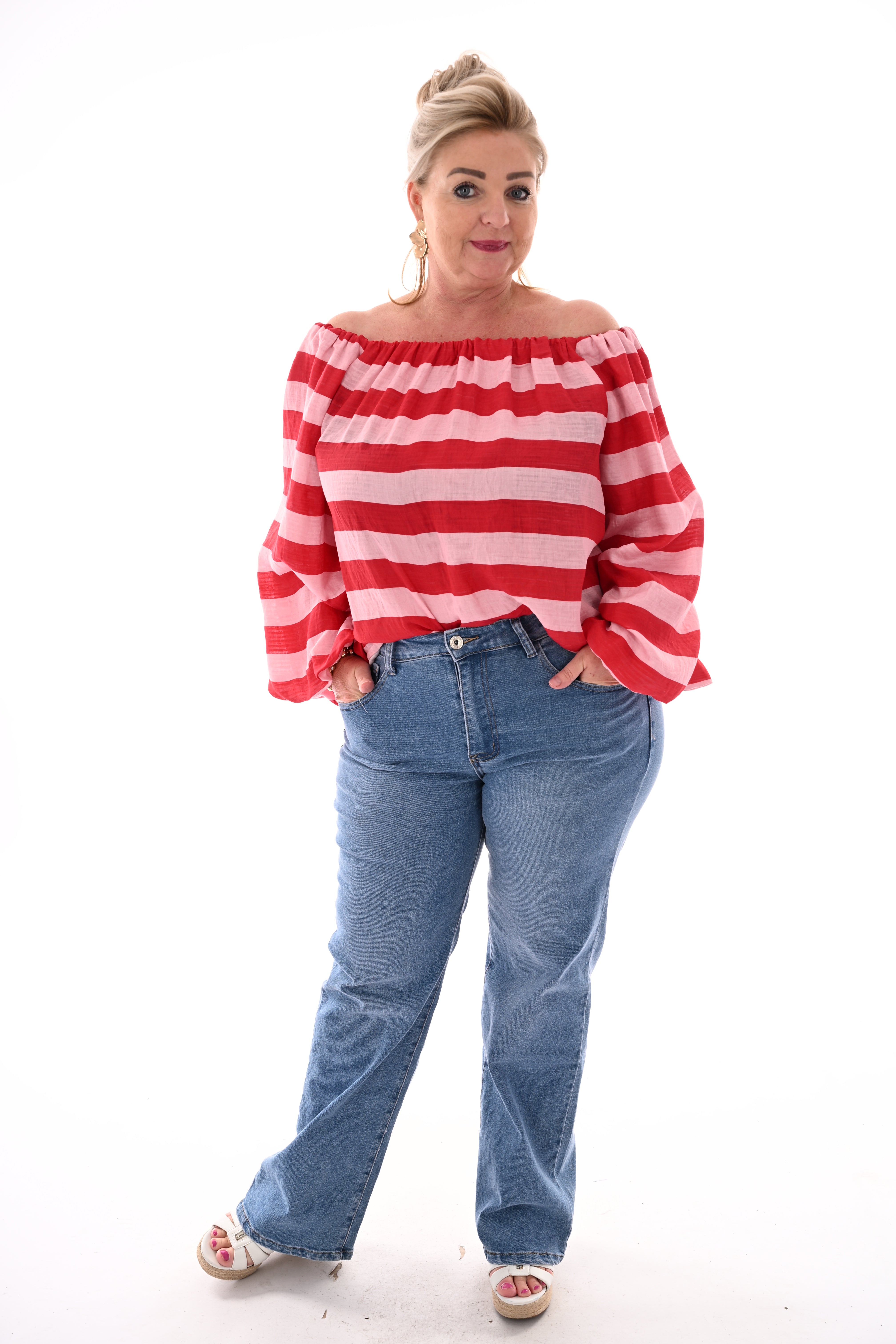 Off-shoulder top horizontale strepen rood/lichtroze