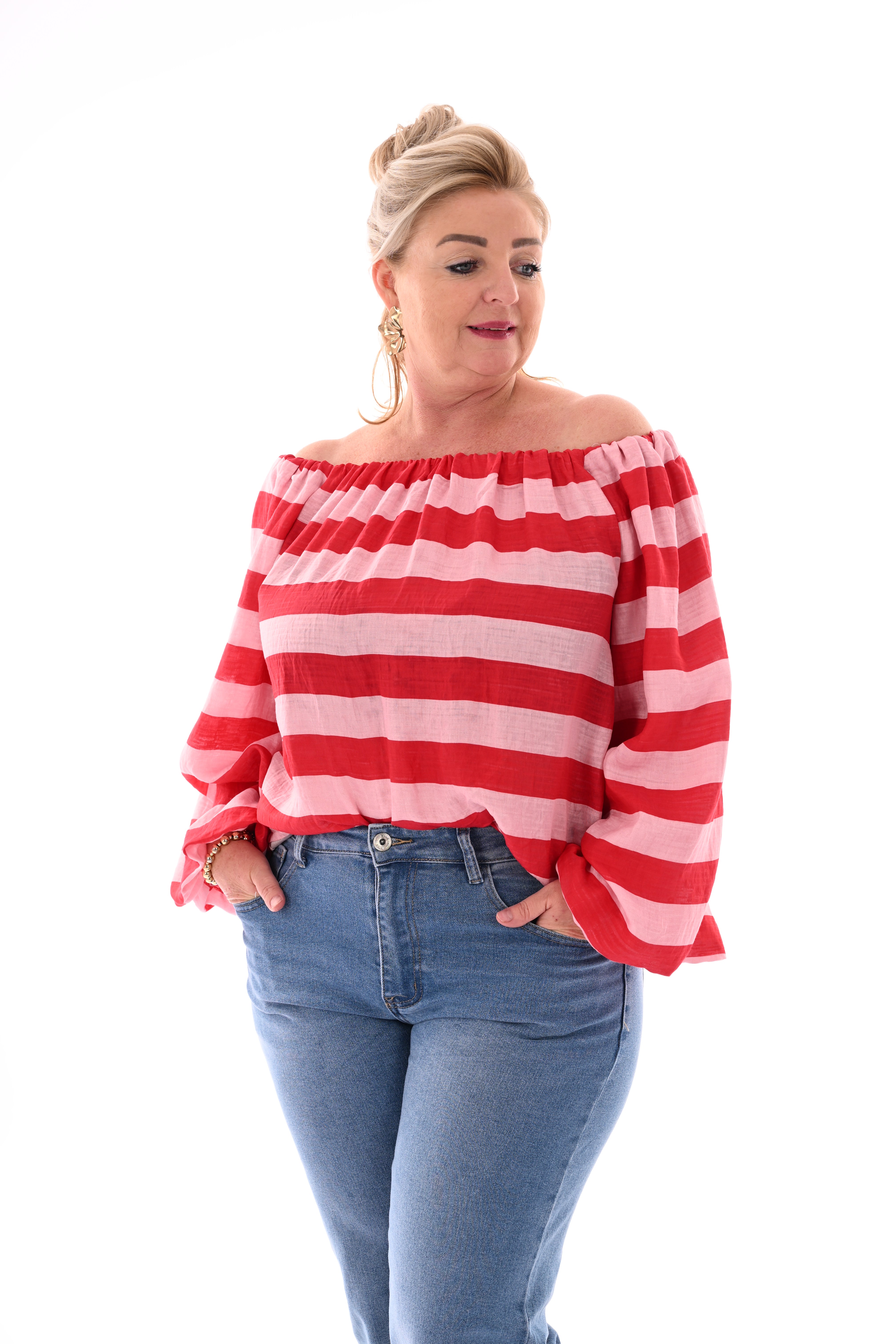 Off-shoulder top horizontale strepen rood/lichtroze