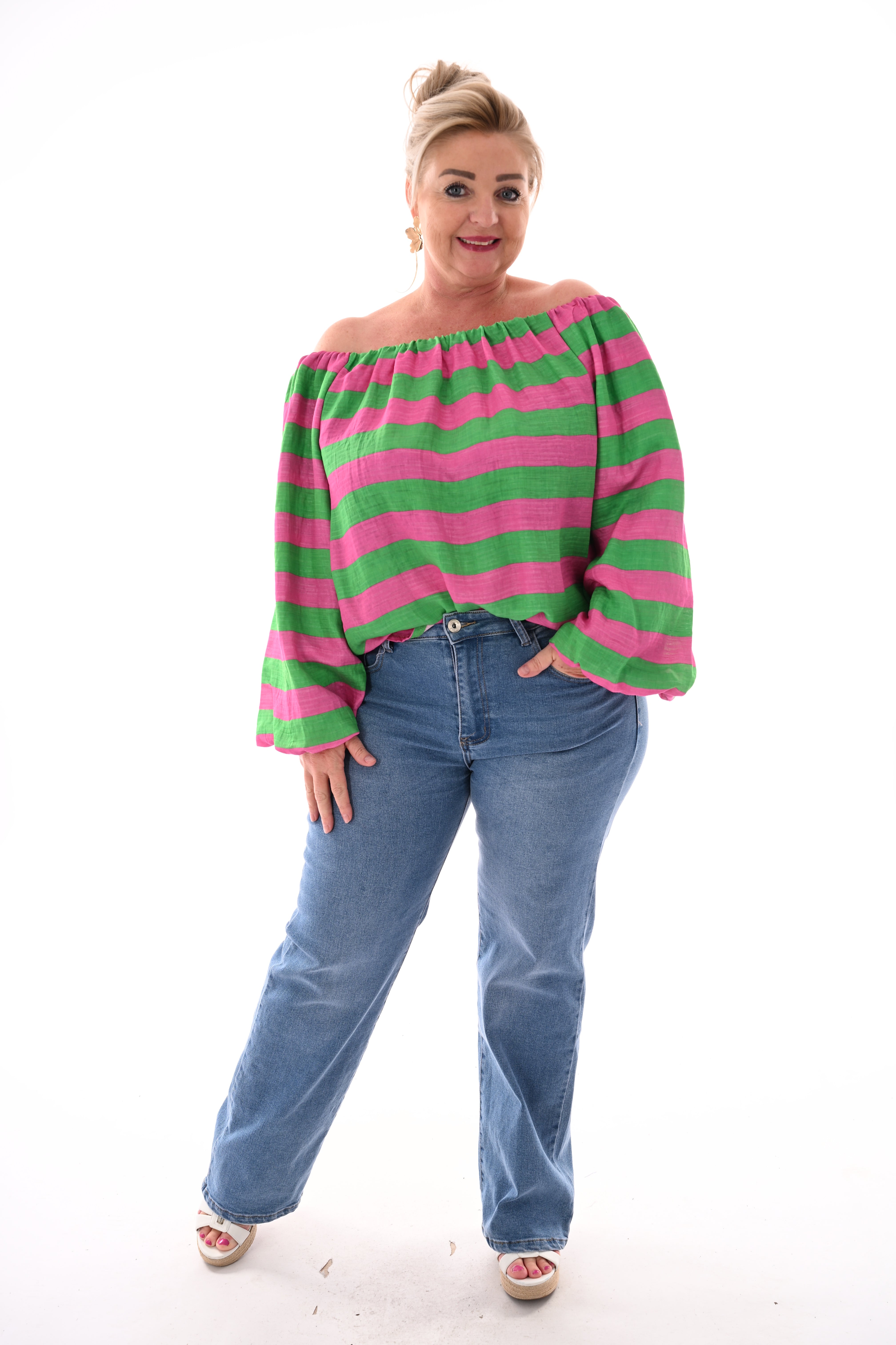 Off-shoulder top horizontale strepen groen/donkerroze