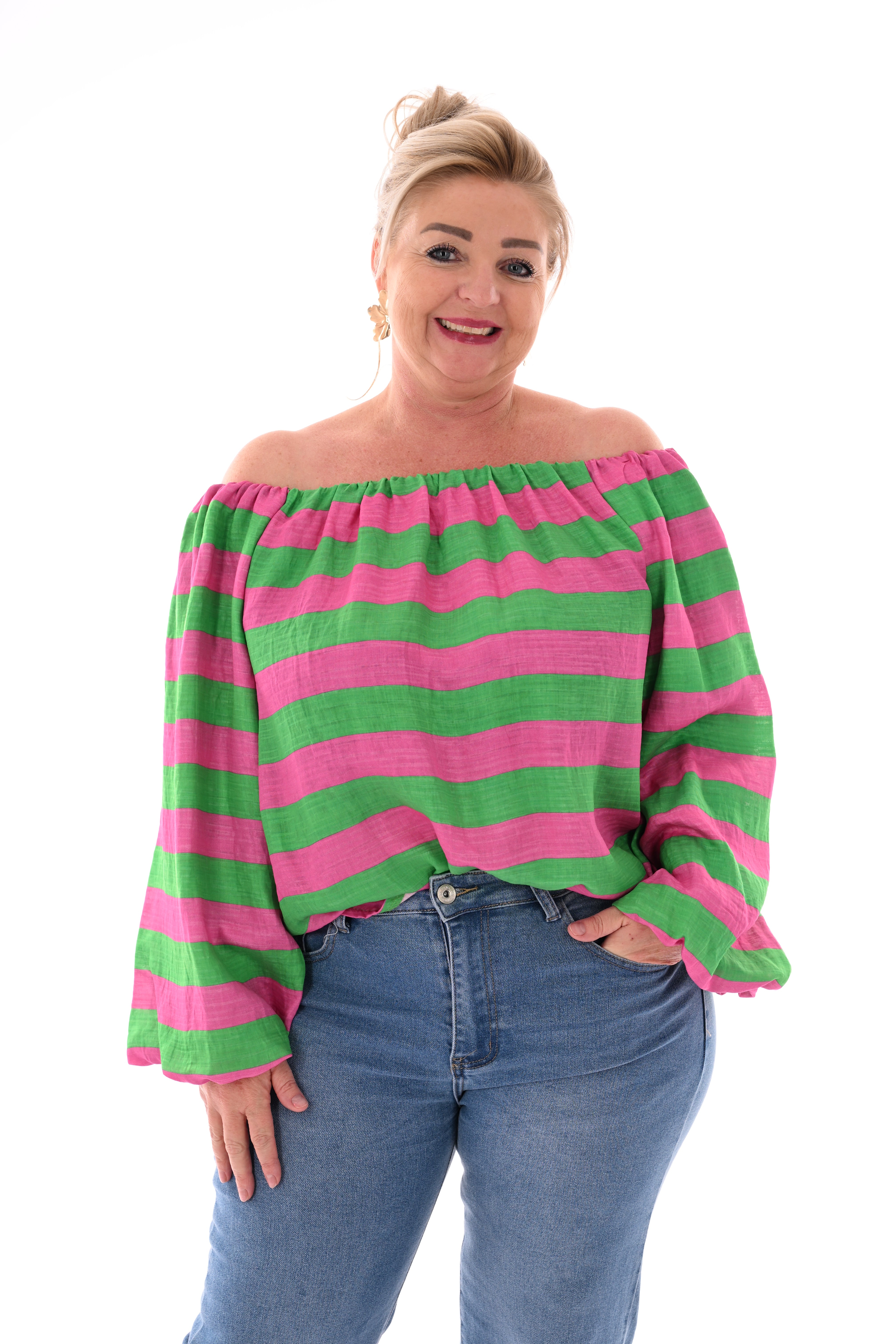 Off-shoulder top horizontale strepen groen/donkerroze