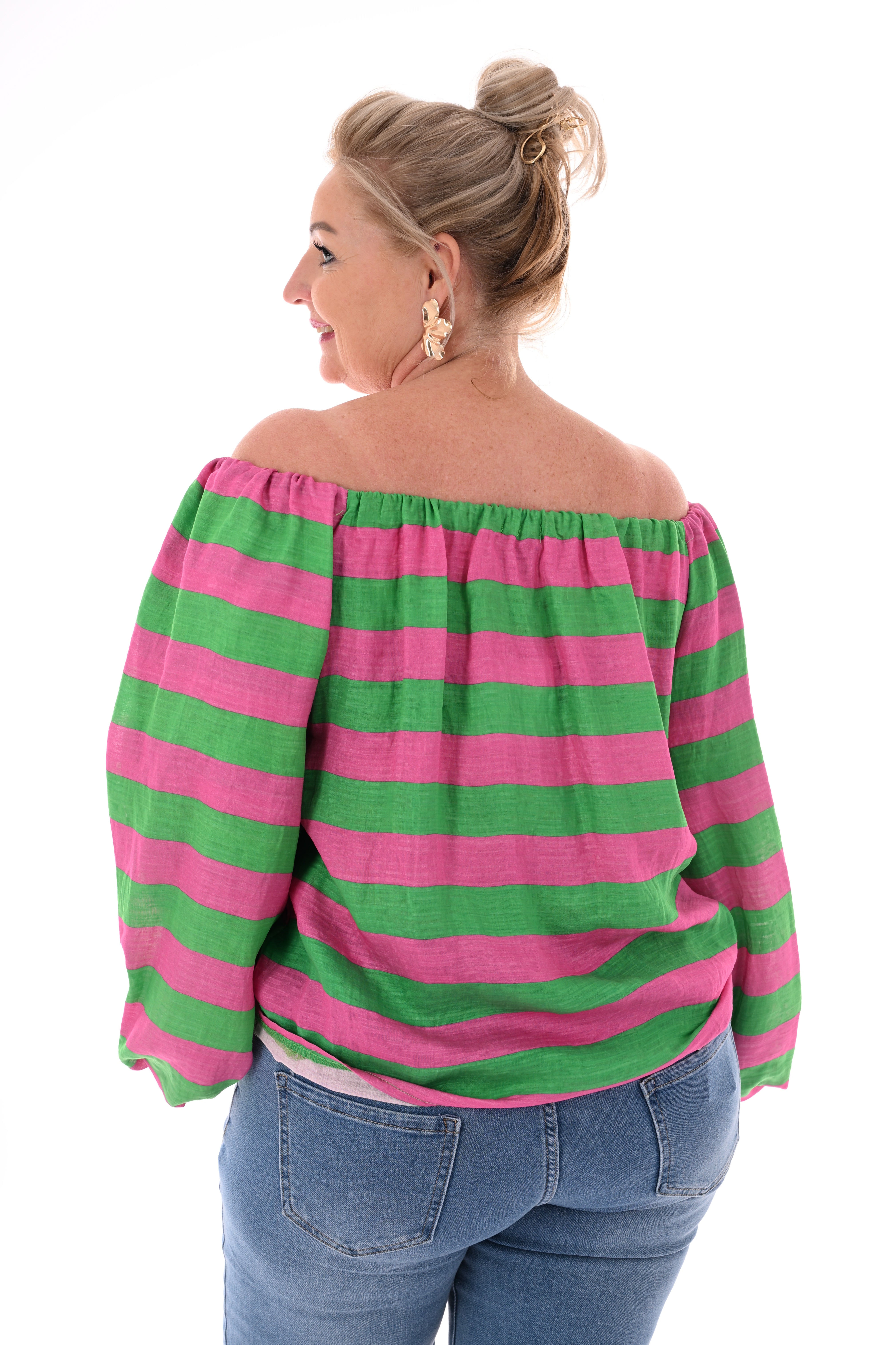 Off-shoulder top horizontale strepen groen/donkerroze