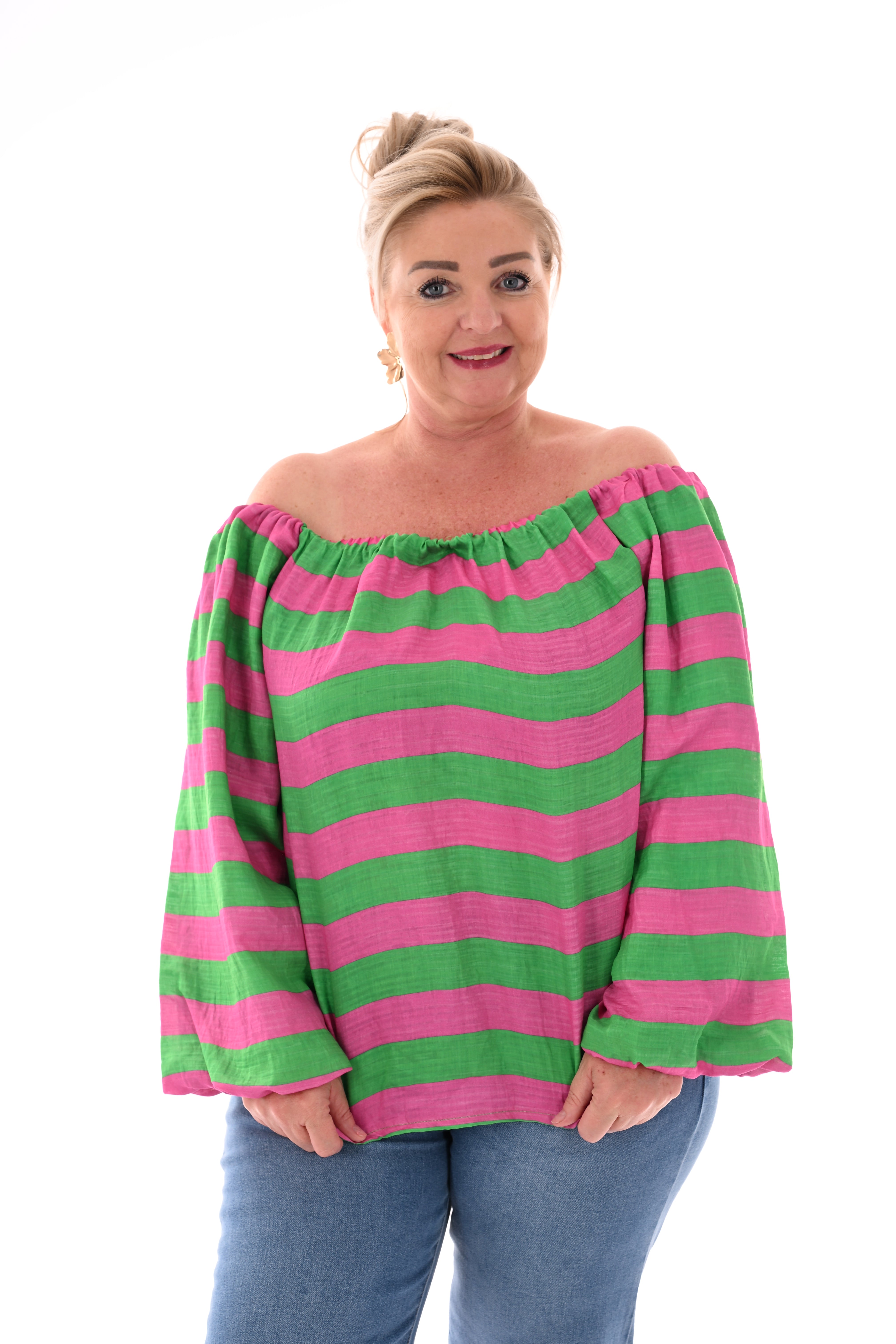 Off-shoulder top horizontale strepen groen/donkerroze
