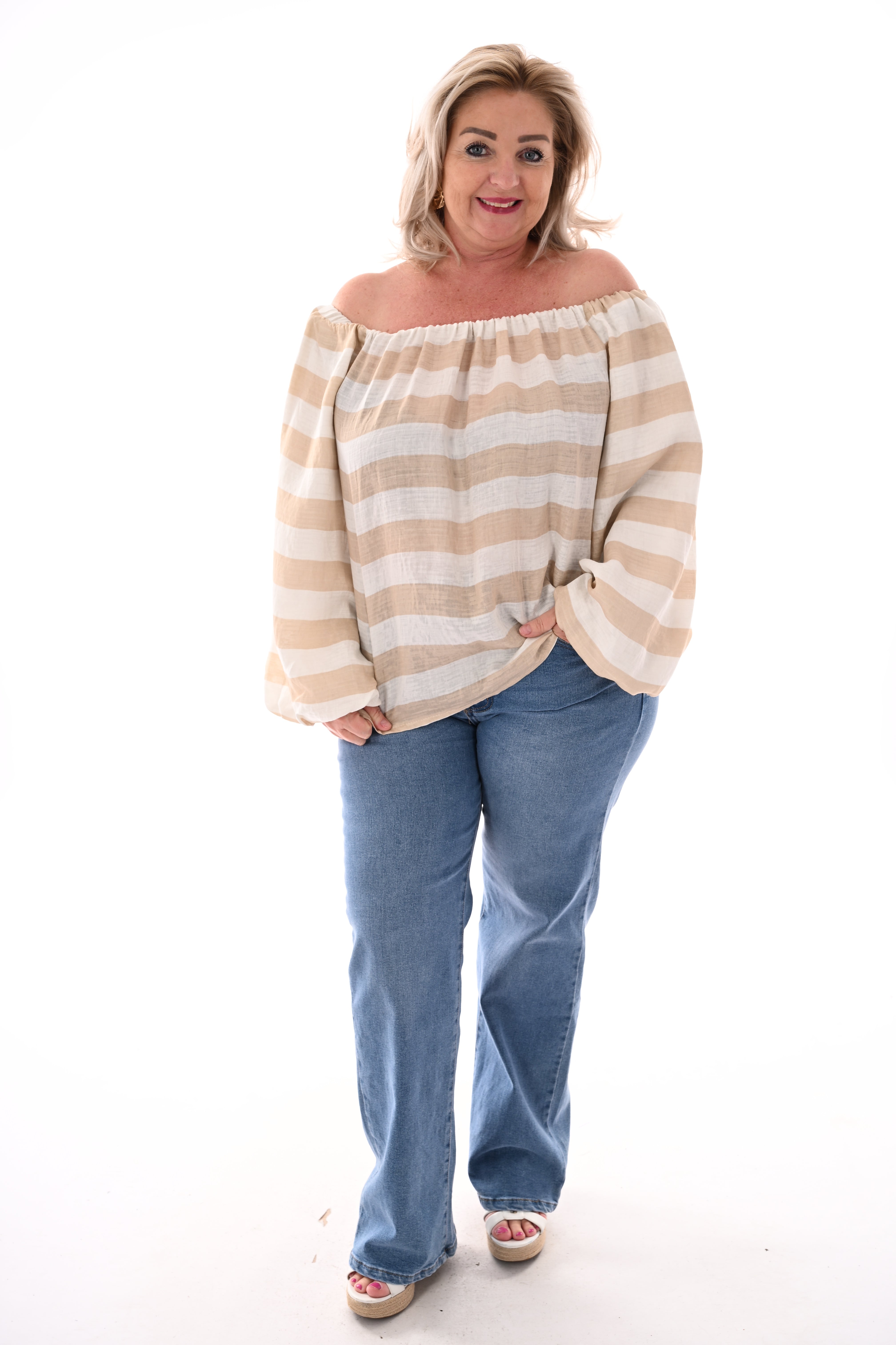 Off-shoulder top horizontale strepen beige/roomwit