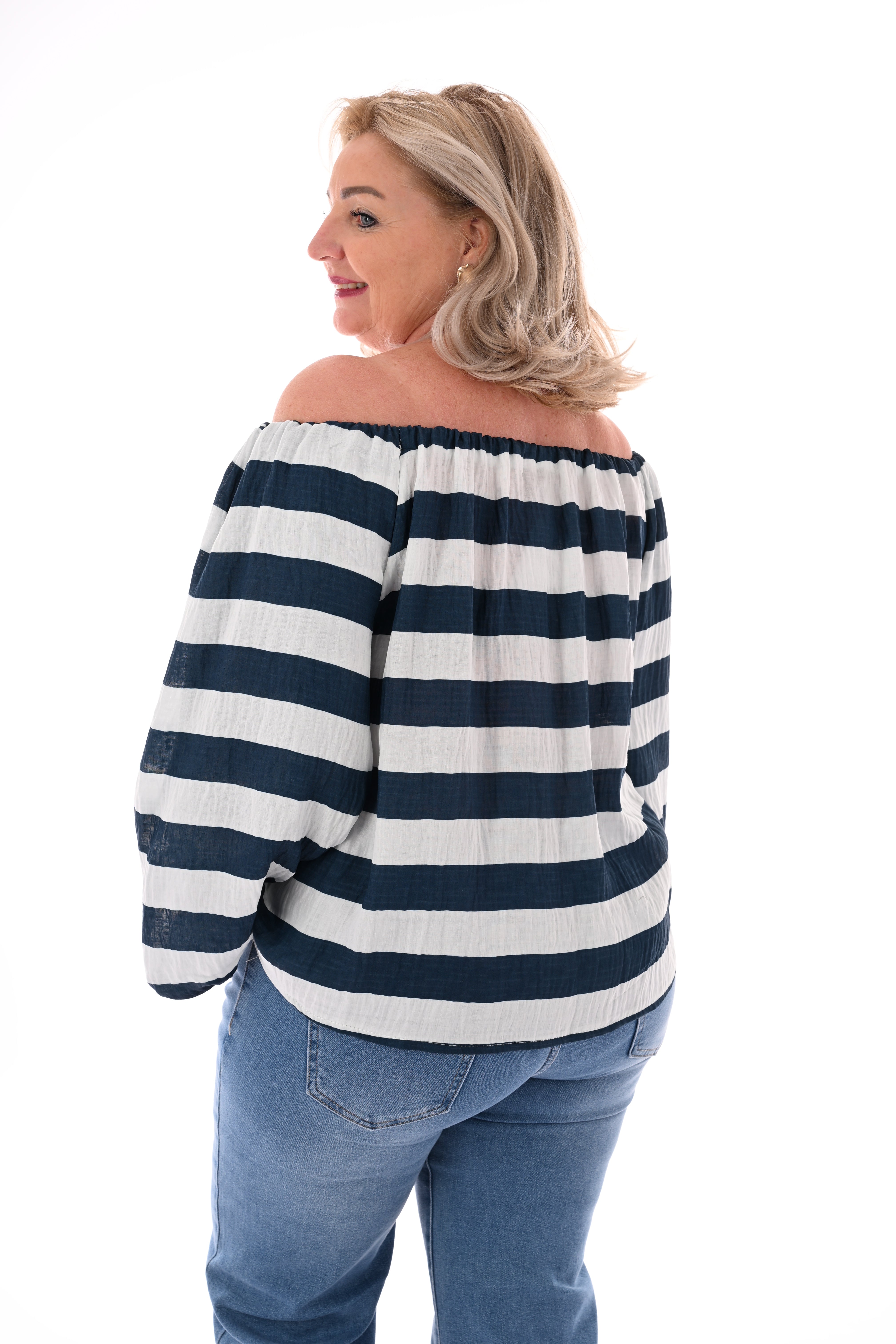 Off-shoulder top horizontale strepen marineblauw/roomwit