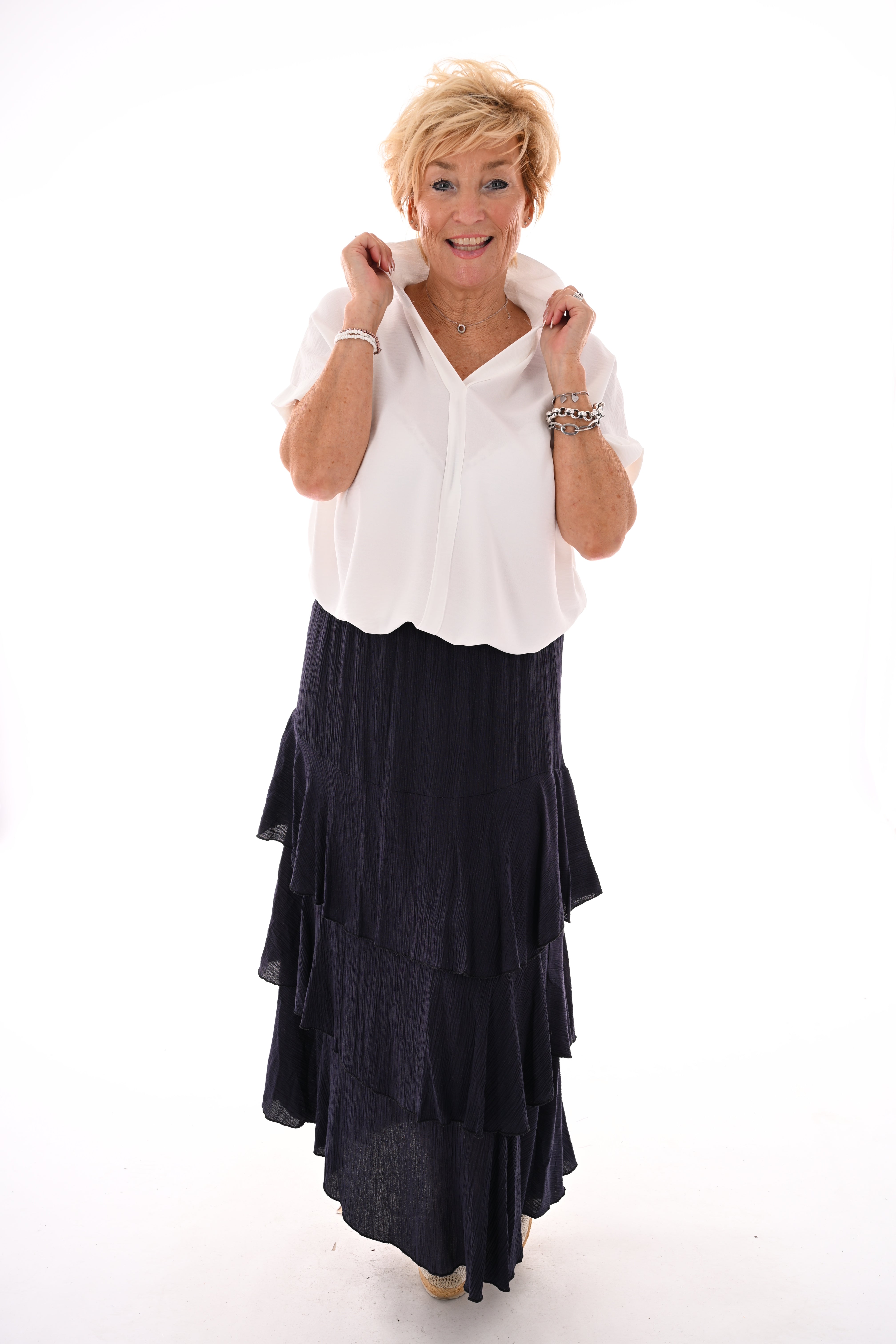 Lange rok met volantlagen marineblauw