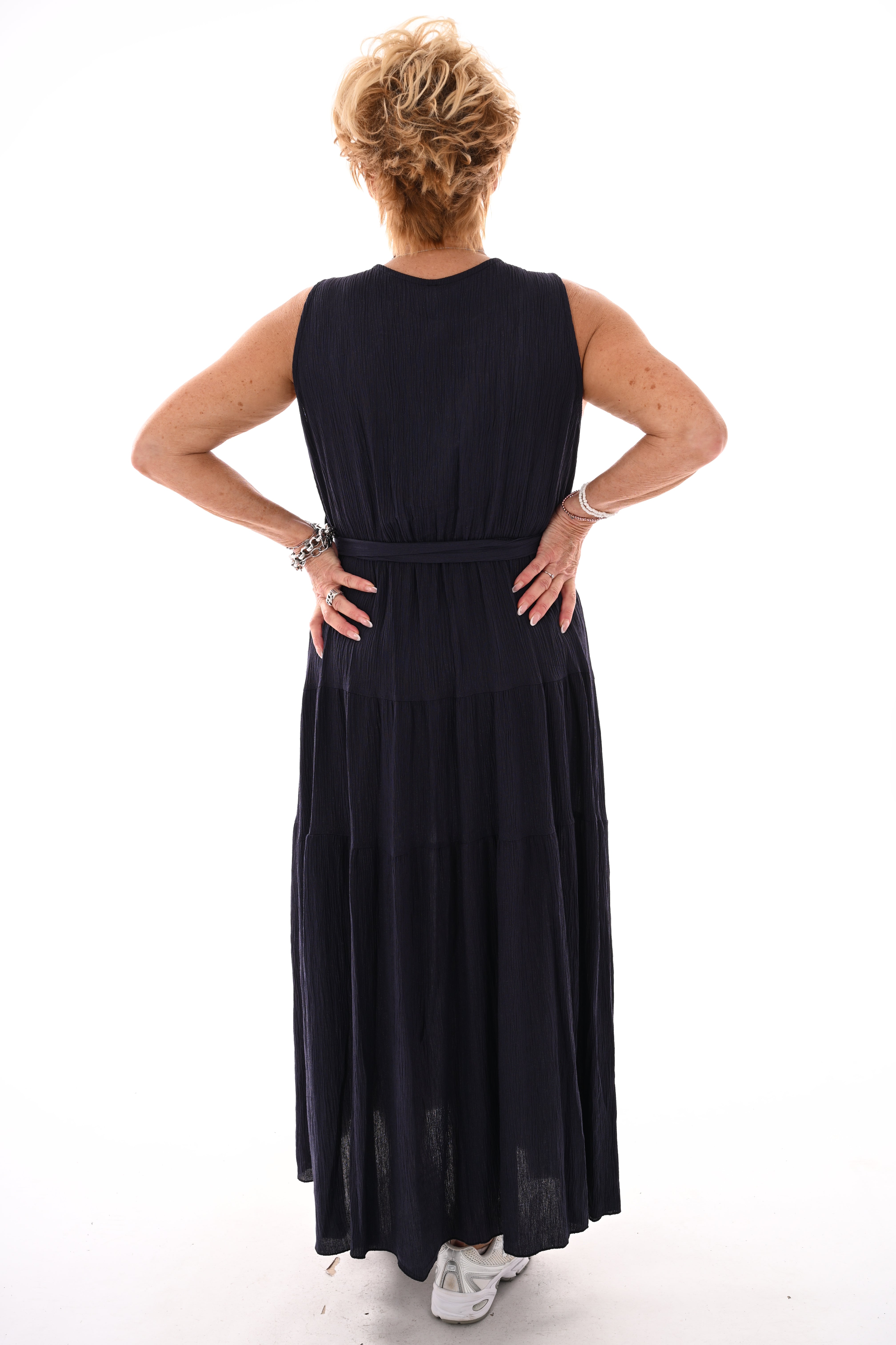 Lange jurk stroken mouwloos uni marineblauw
