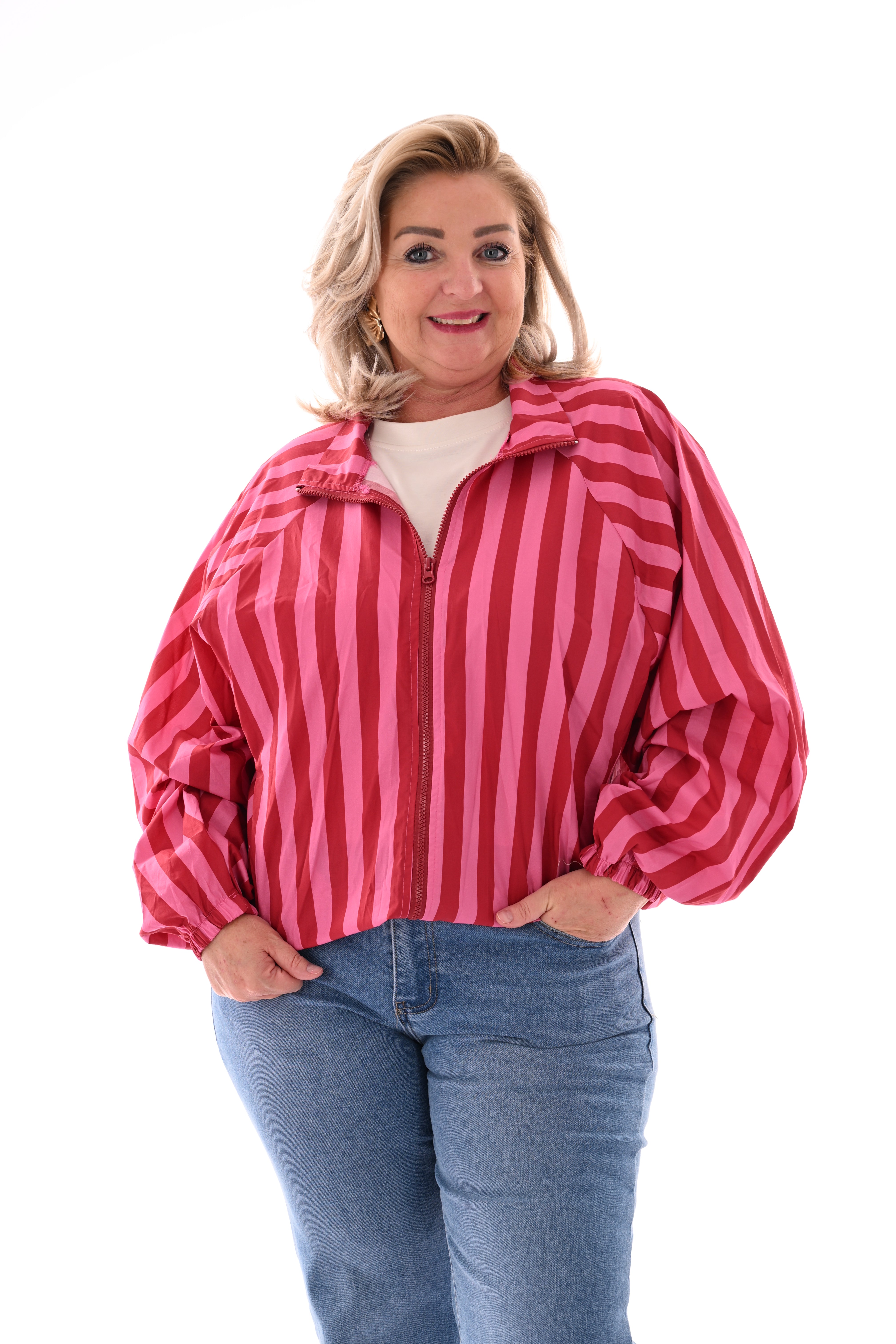 Korte jas strepen roze/rood