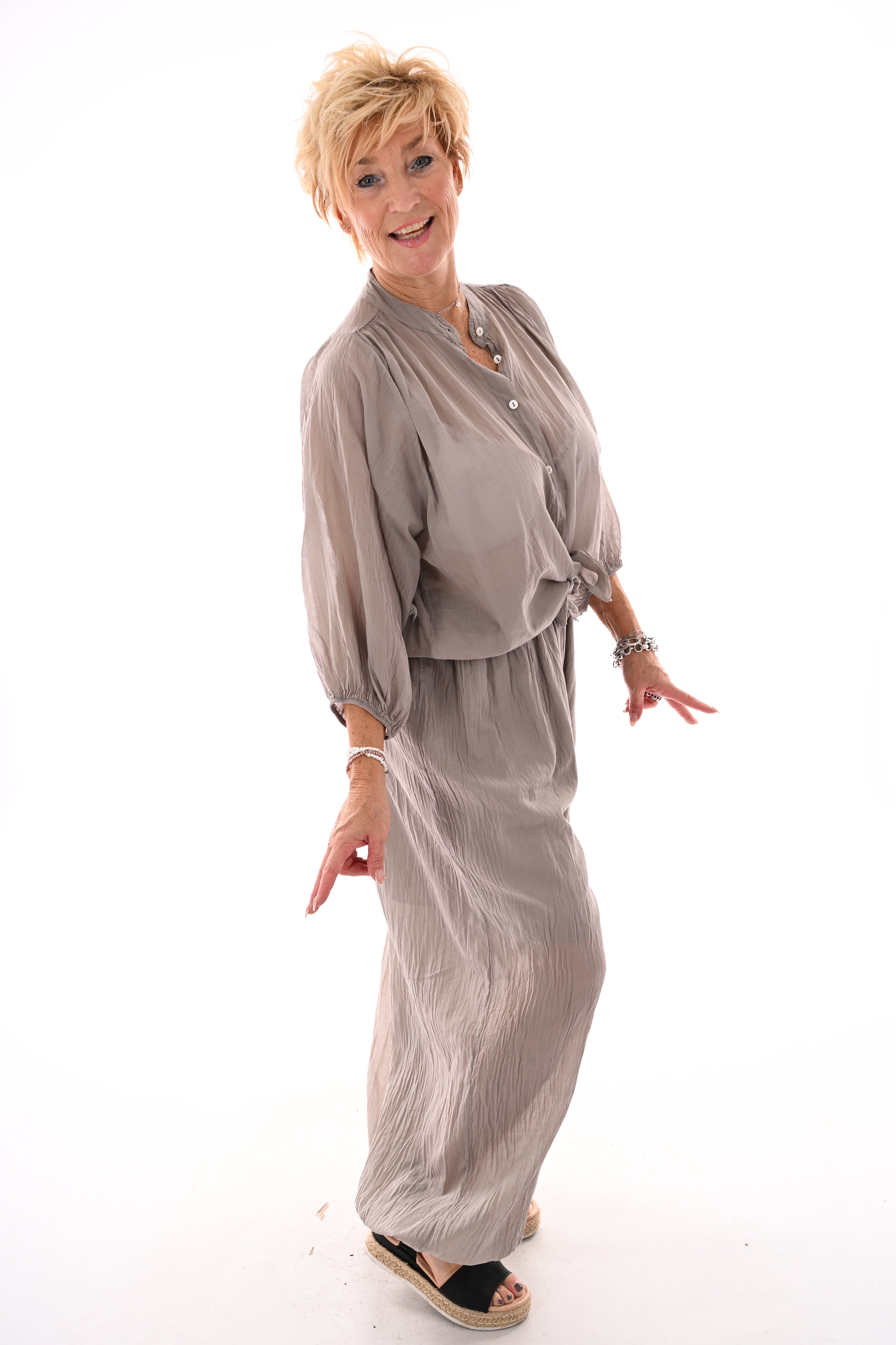 Tweedelig set ballon met blouse taupe