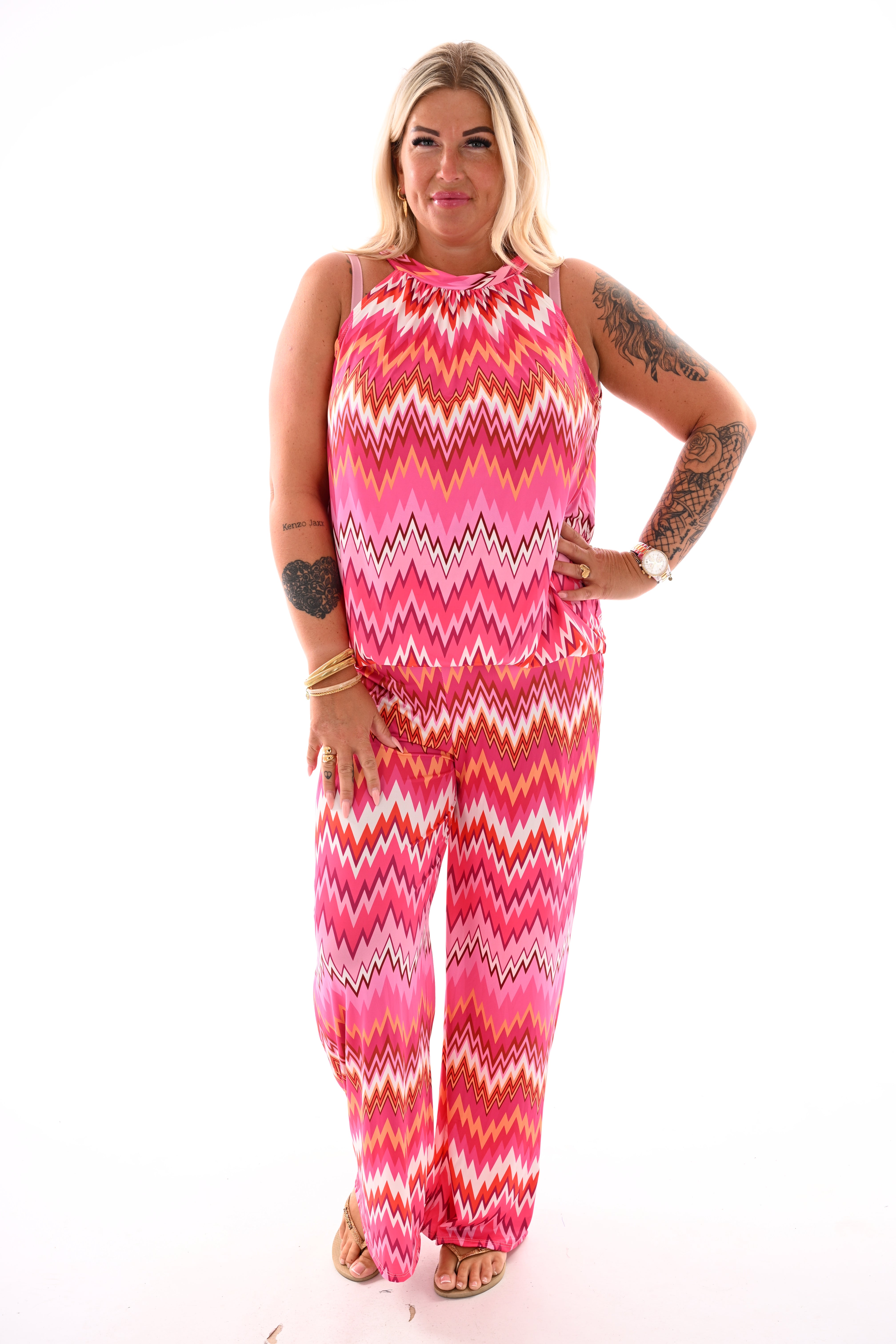 Tweedelig set halter top zigzag fuchsia