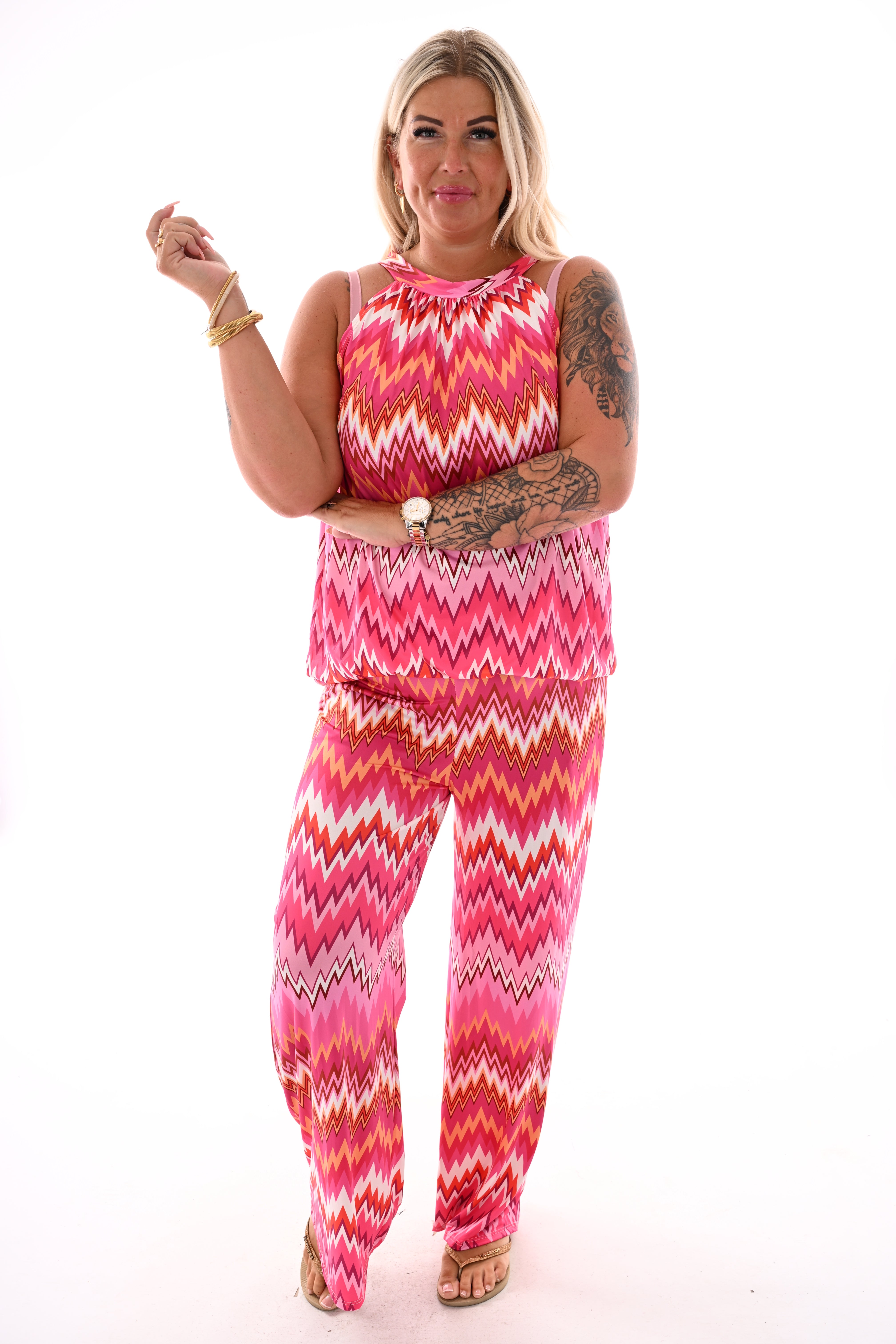 Tweedelig set halter top zigzag fuchsia