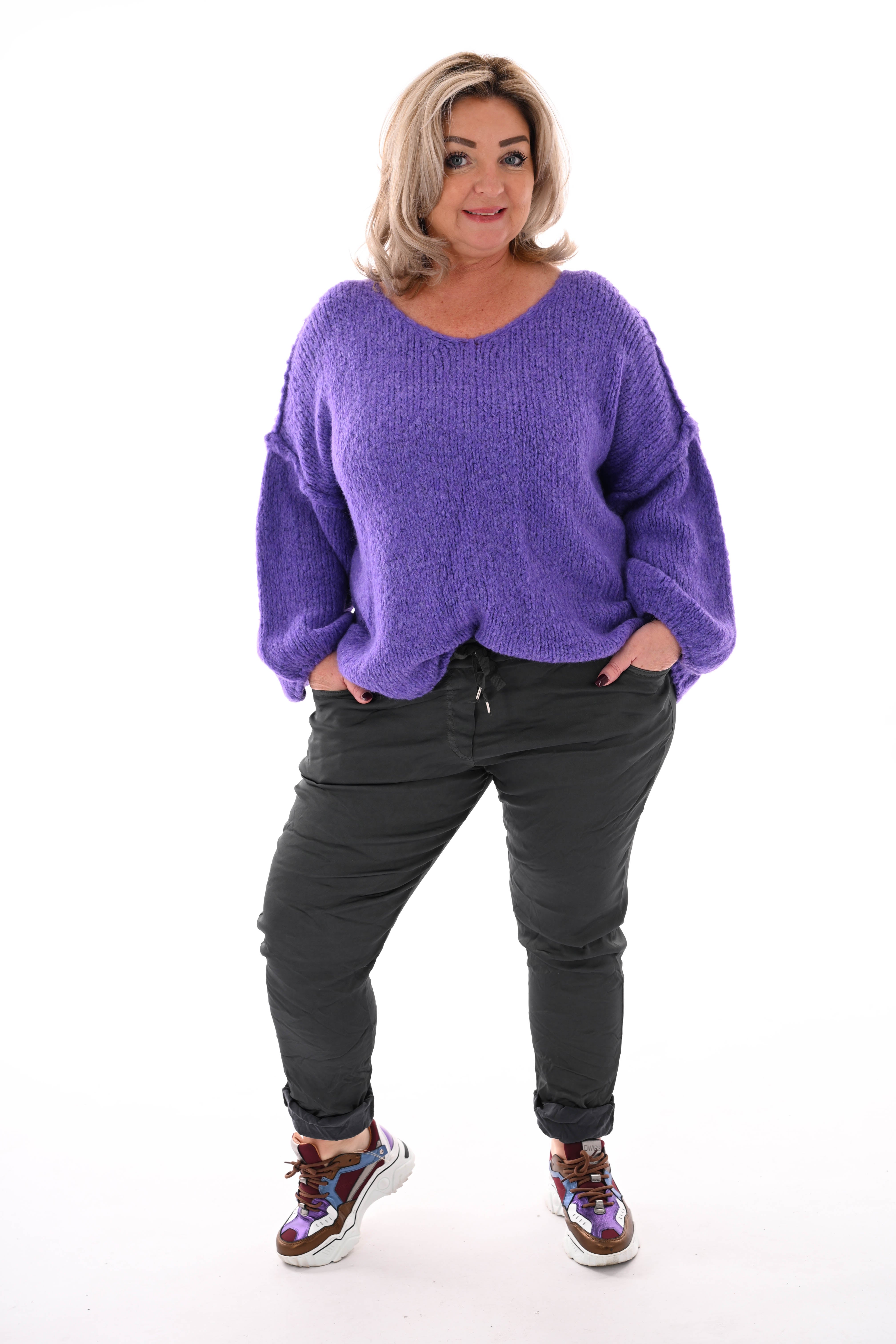 Grof gebreide trui v-hals paars