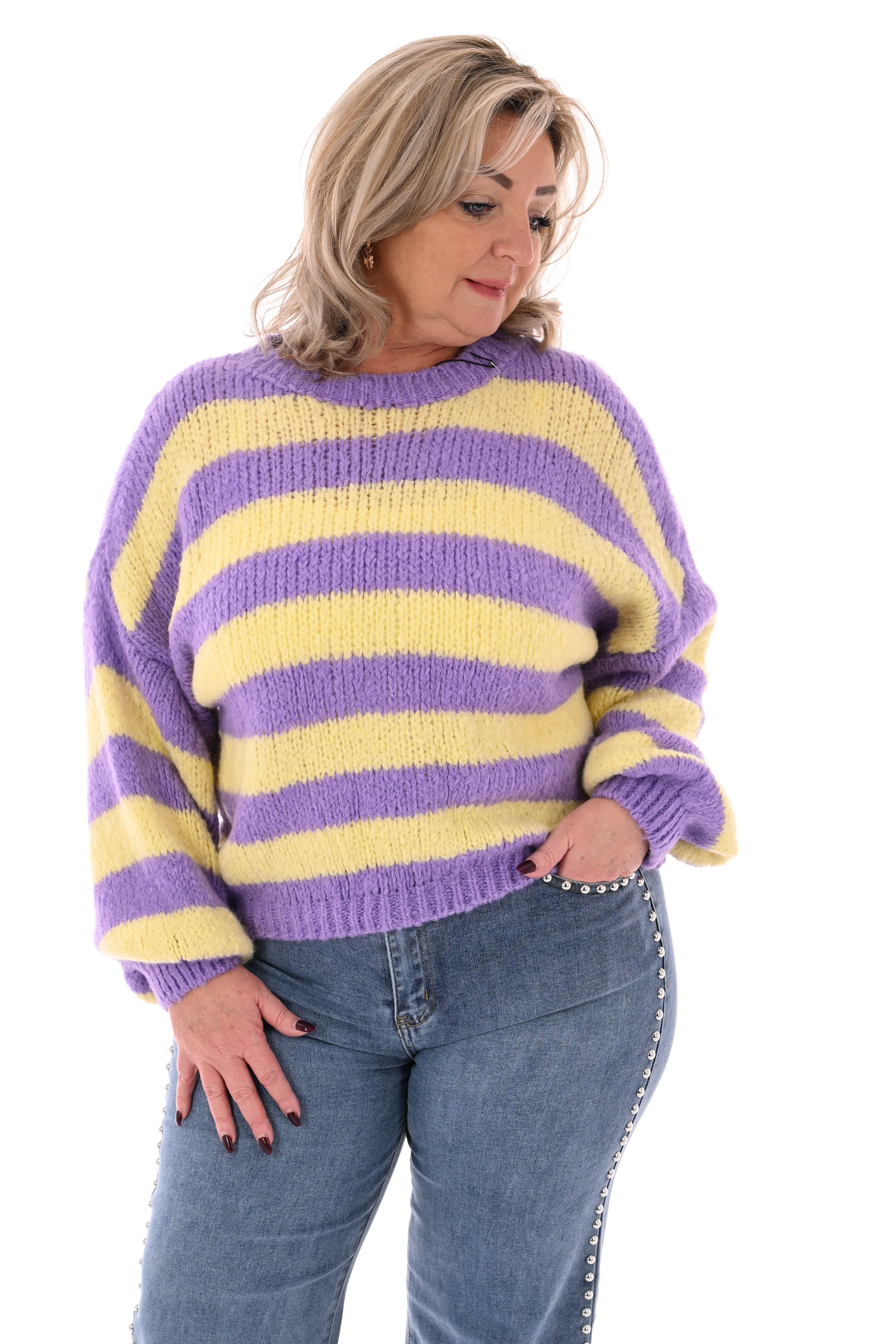 Grof gebreide trui brede streep paars