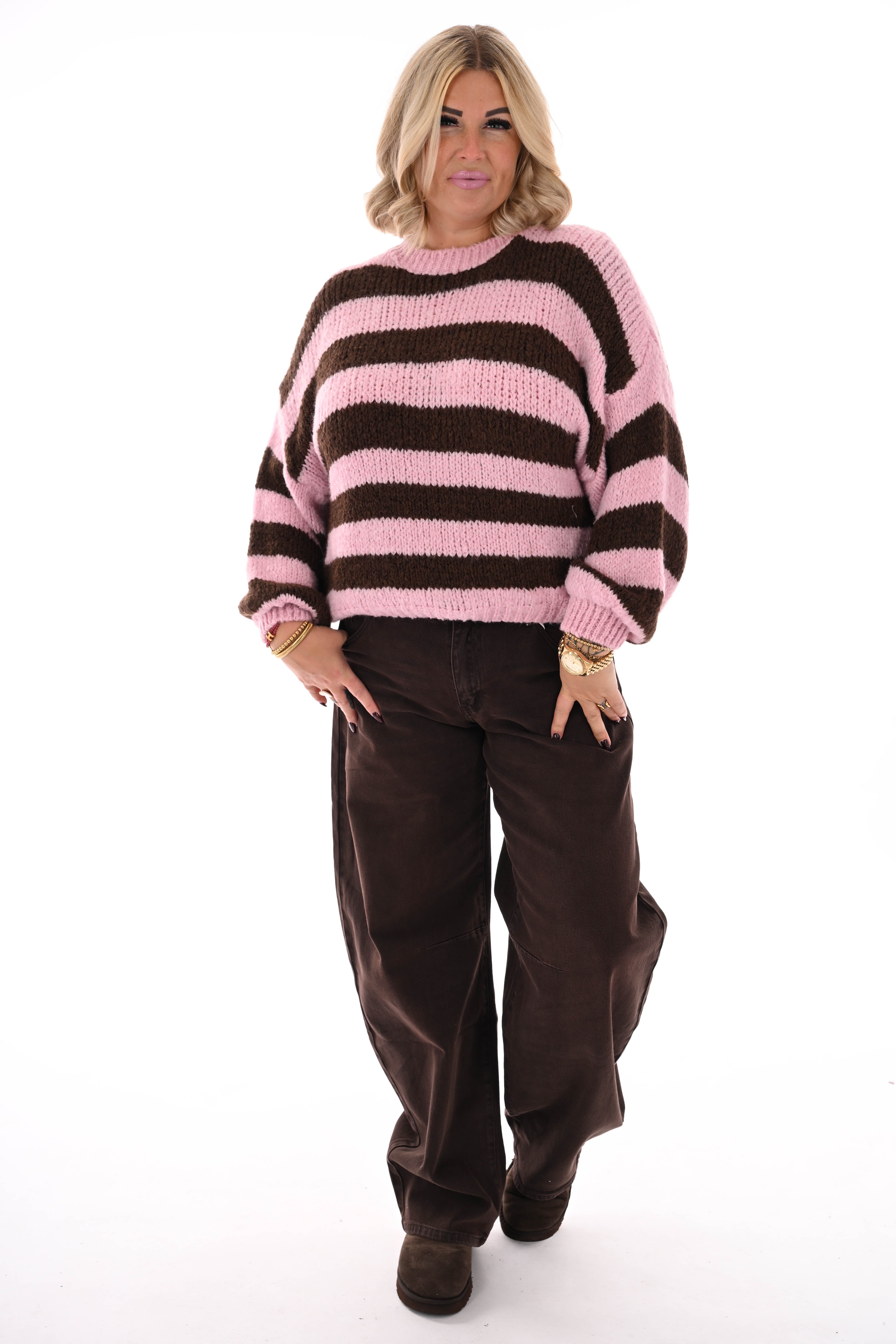 Grof gebreide trui brede streep lichtroze