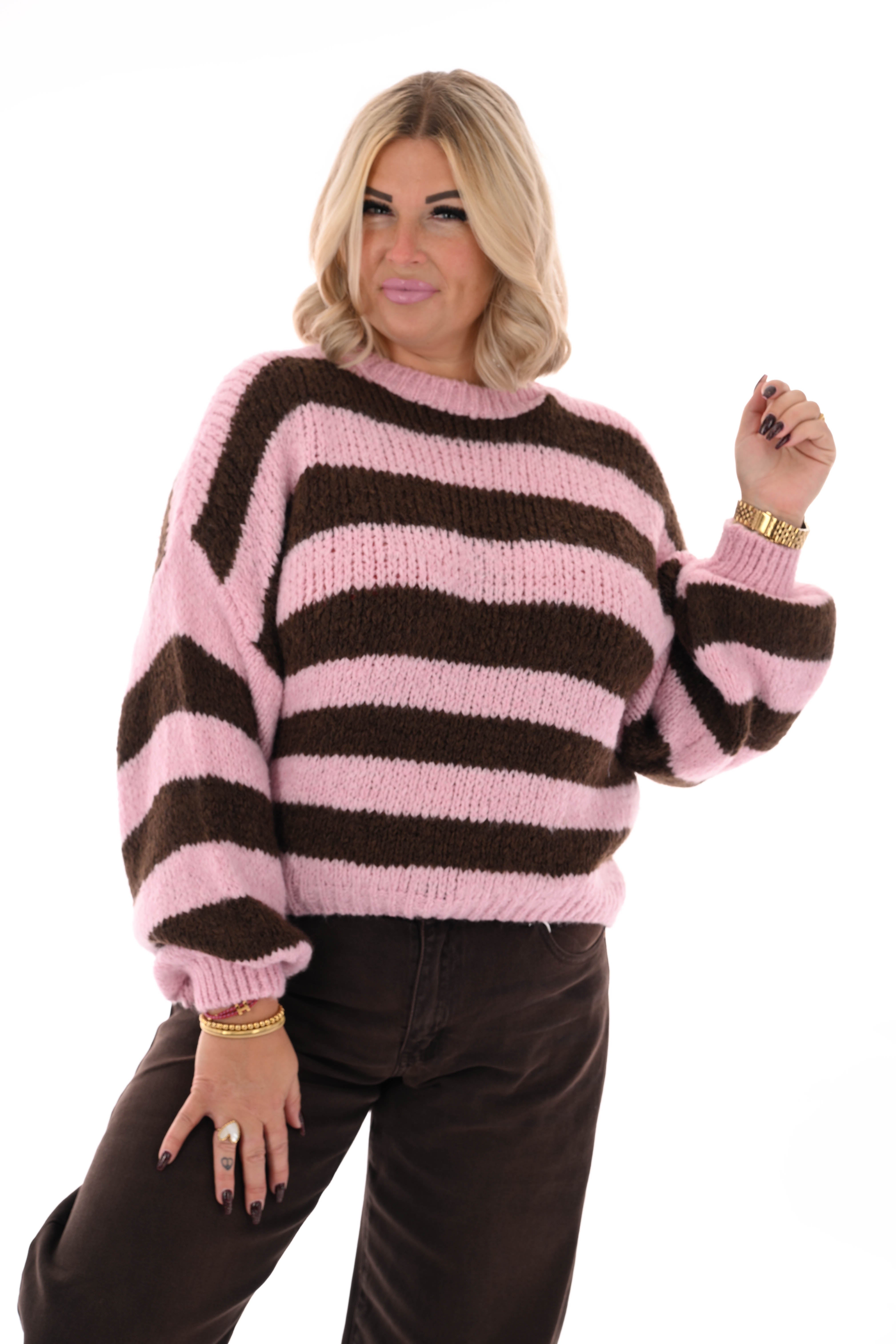 Grof gebreide trui brede streep lichtroze