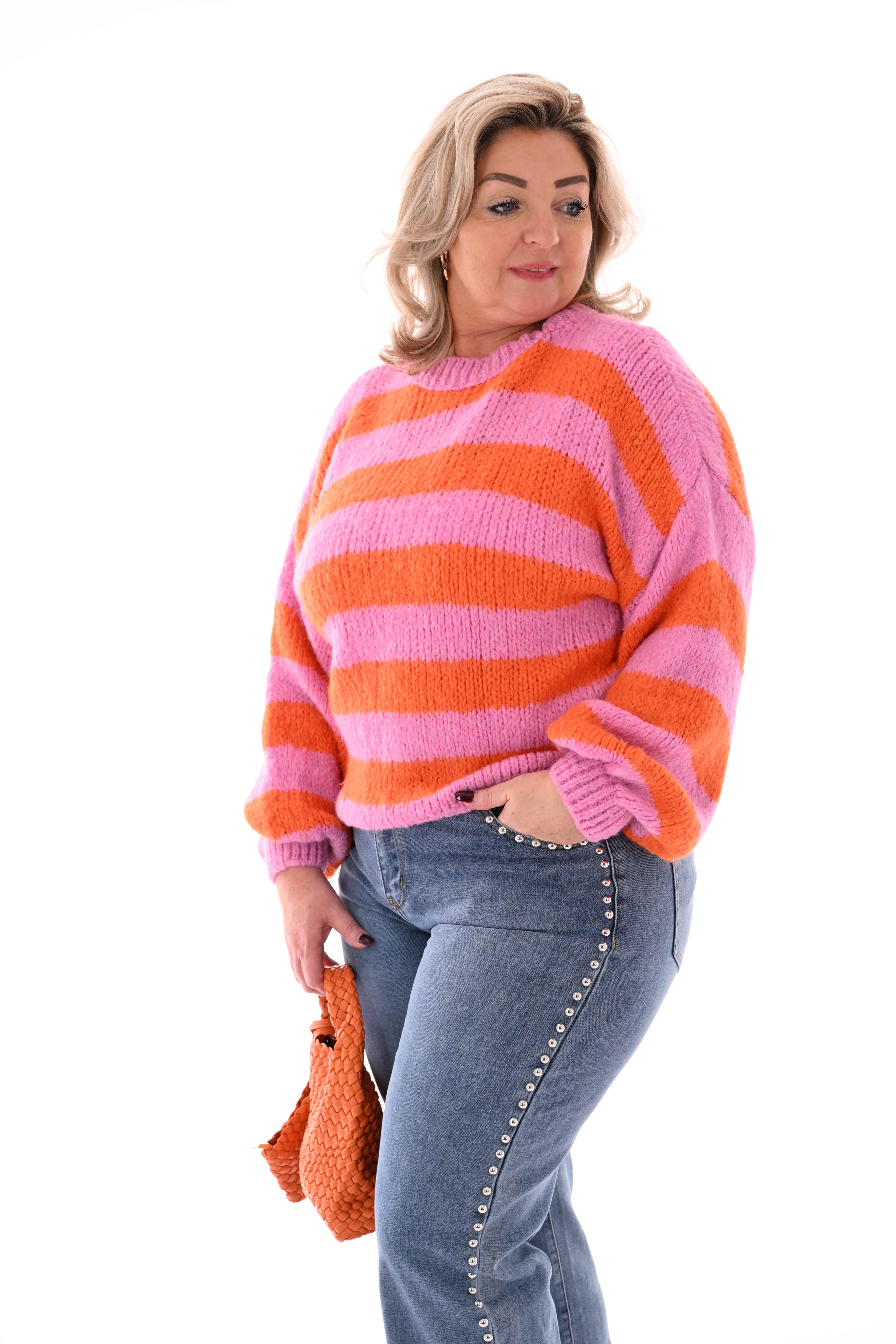 Grof gebreide trui brede streep roze