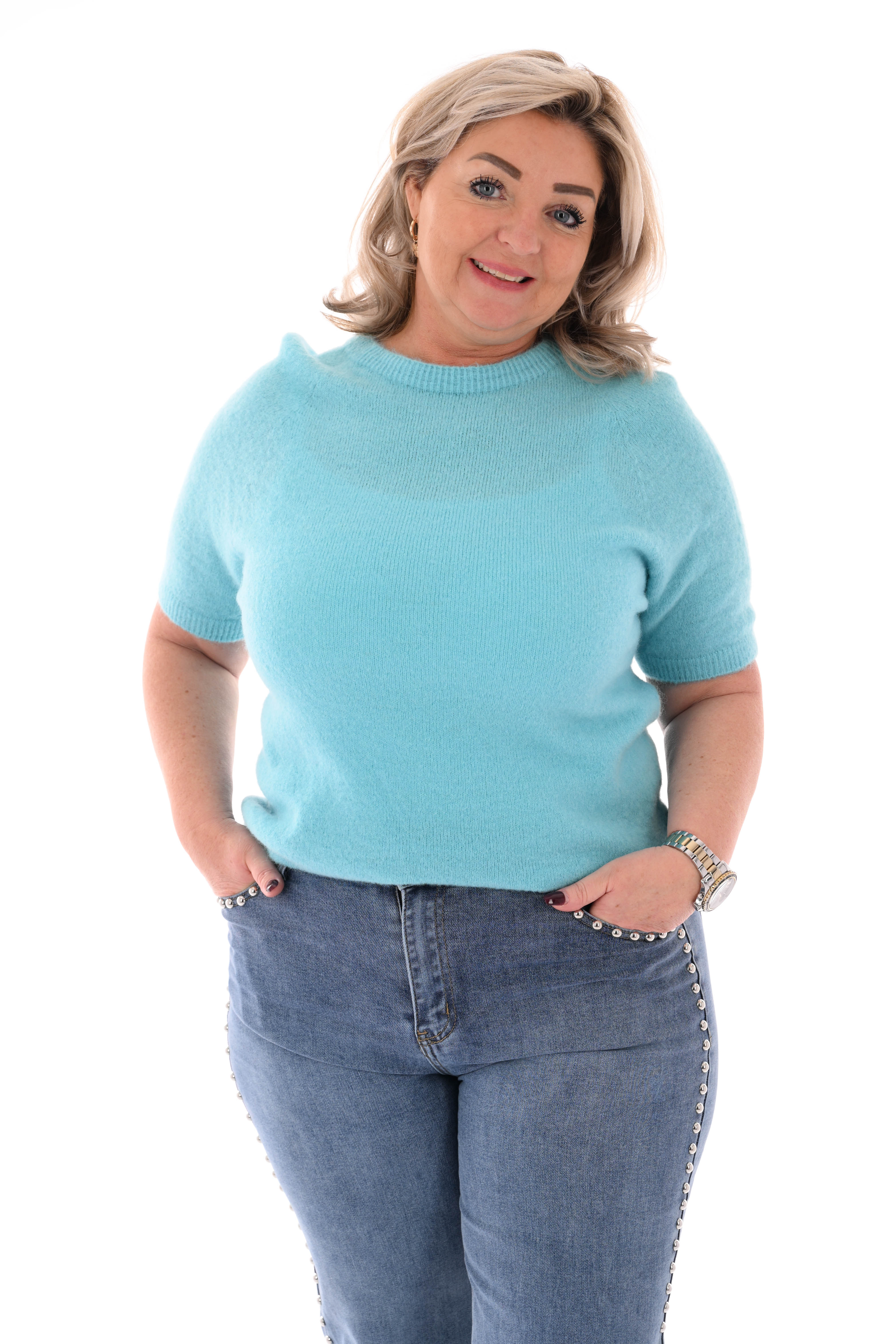 Fijn gebreide trui korte mouwen uni aquablauw