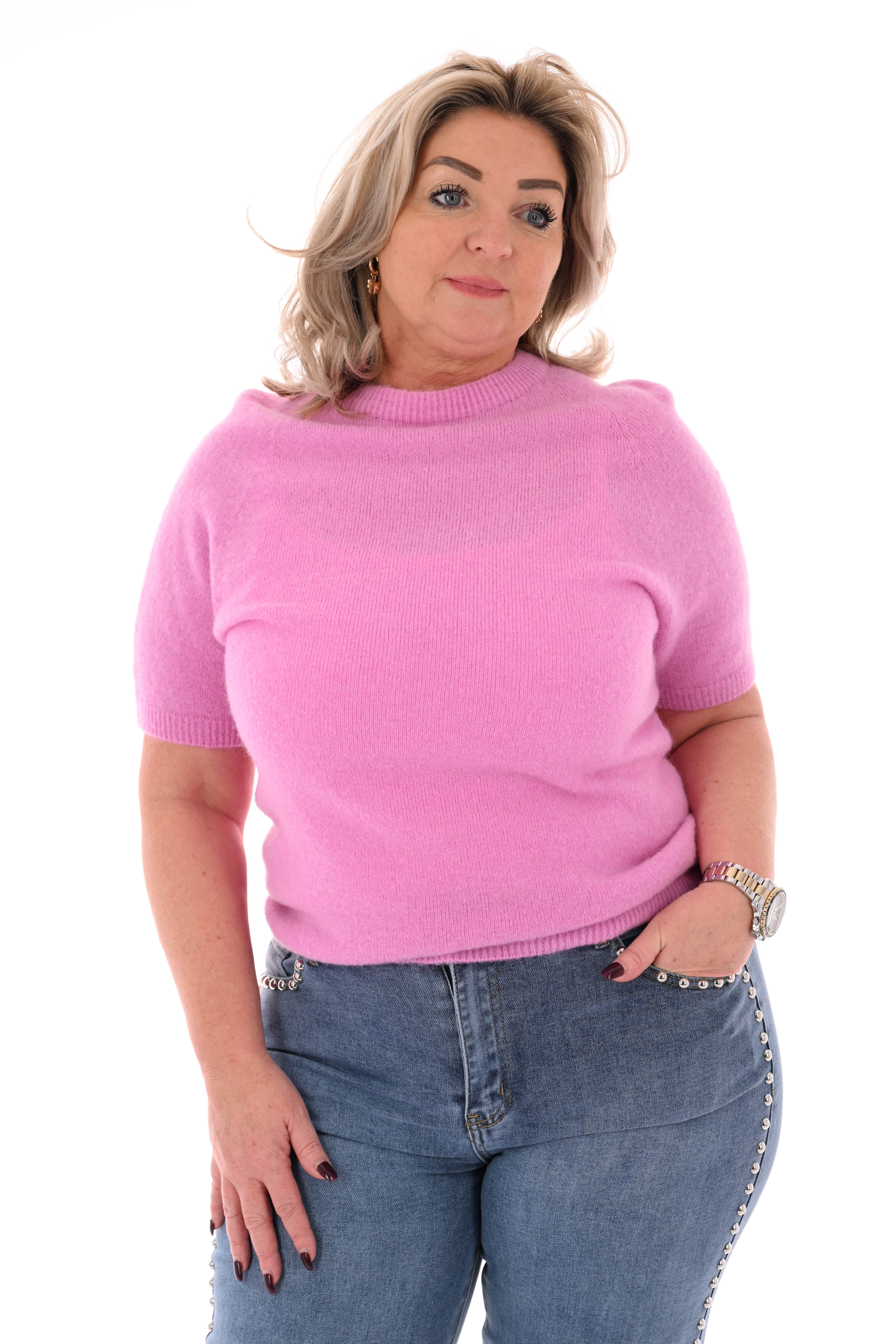 Fijn gebreide trui korte mouwen uni roze