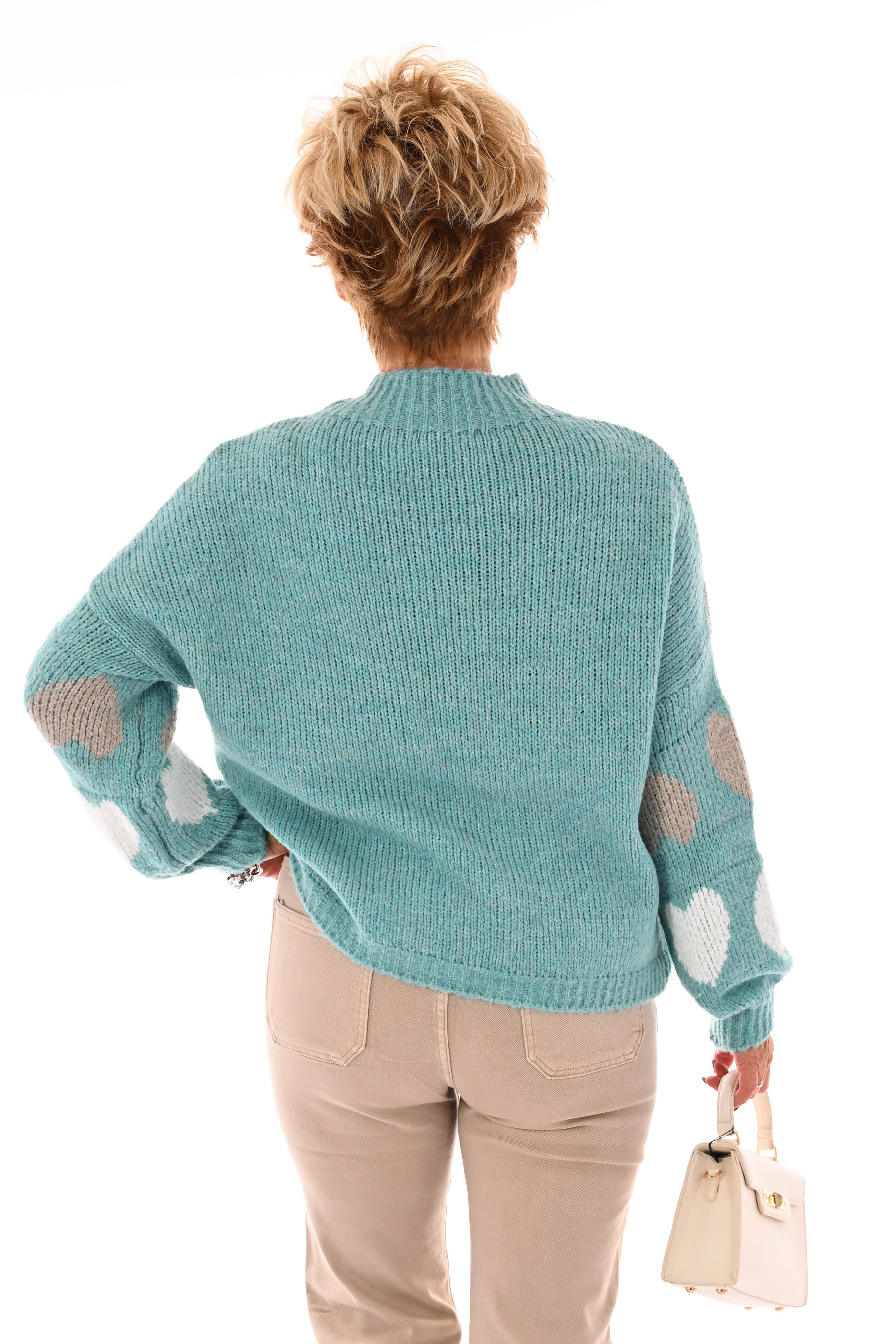 Gebreide trui ronde hals hartjes turquoise