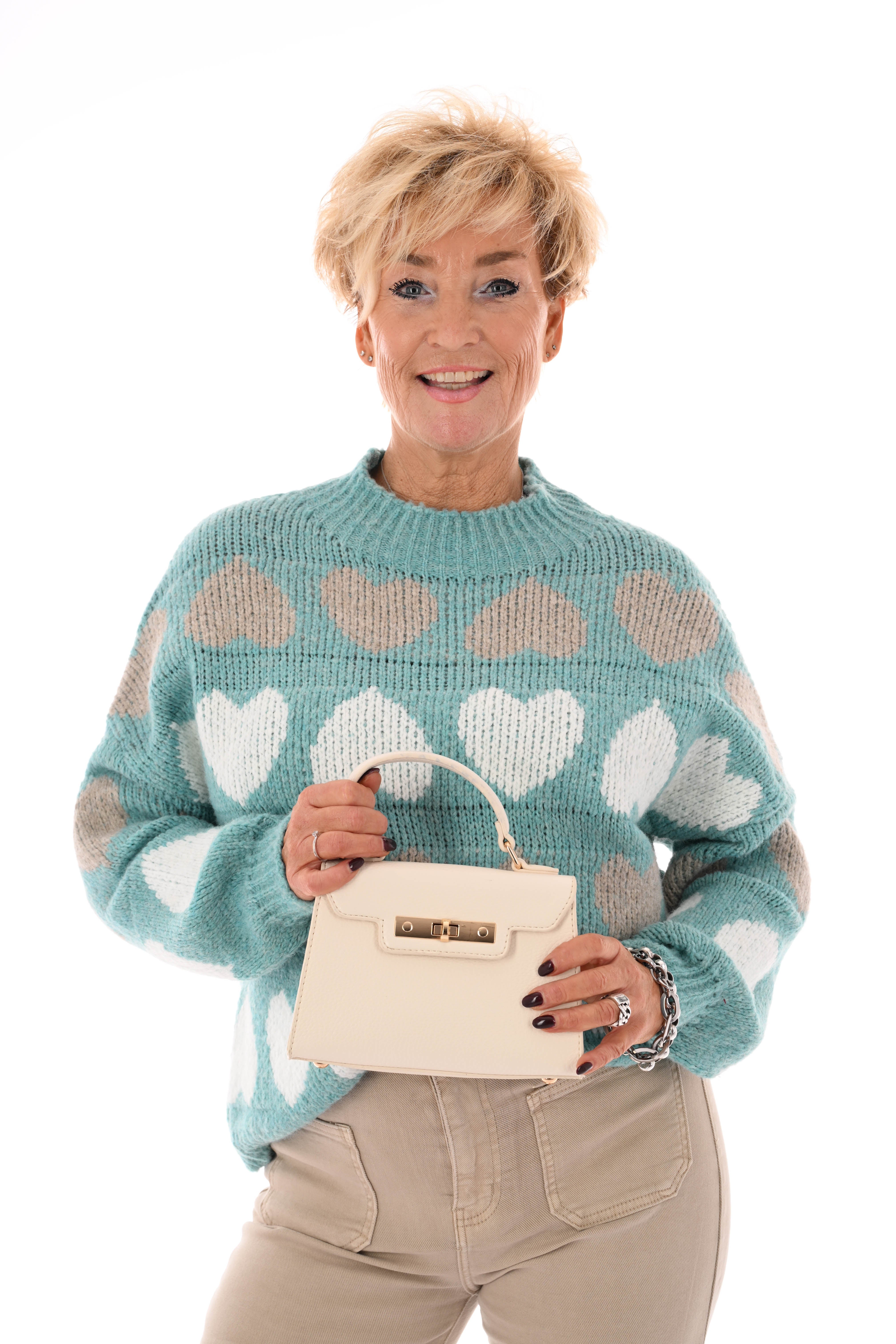 Gebreide trui ronde hals hartjes turquoise