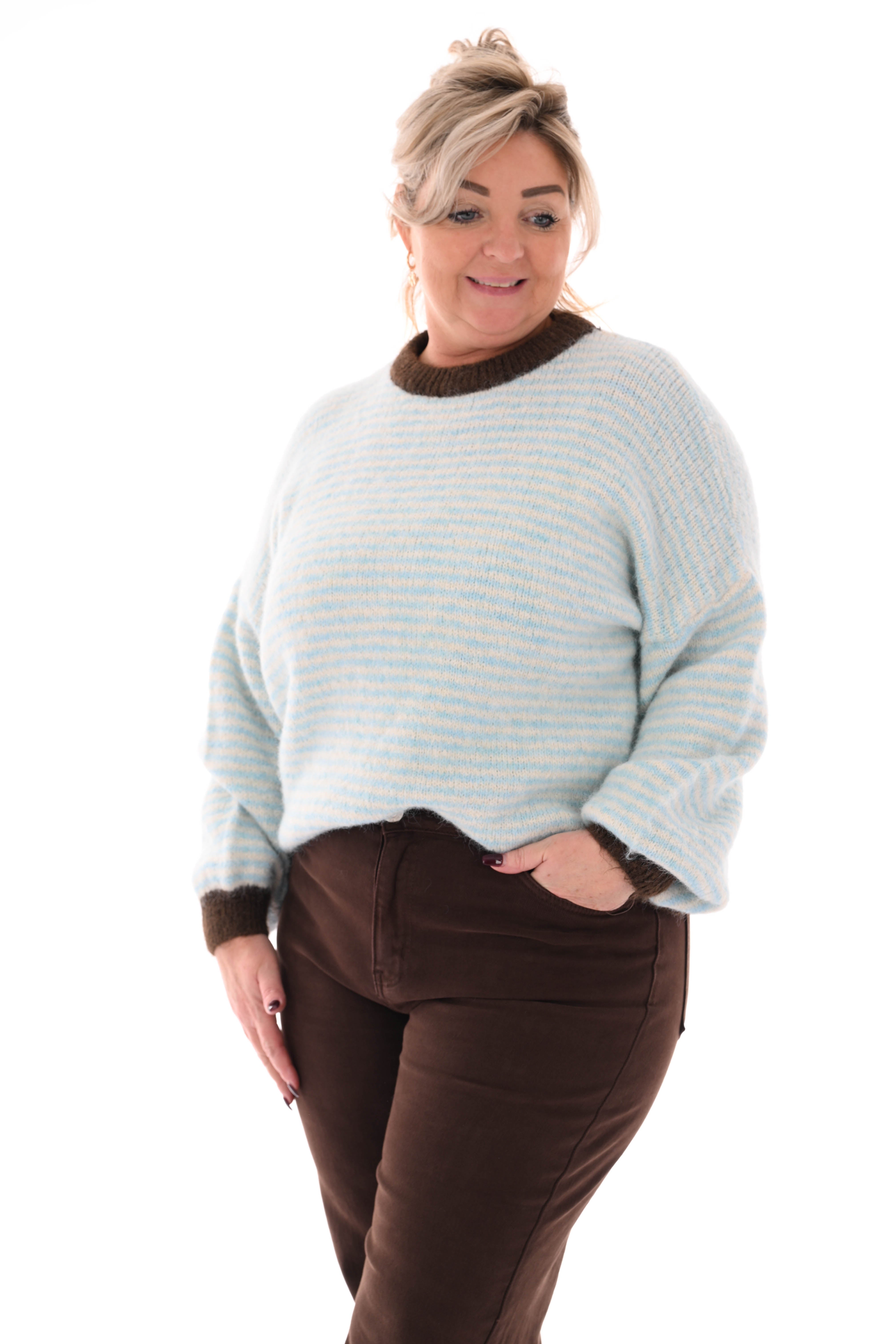 Fijn gebreide trui kleine streepjes lichtblauw/bruin