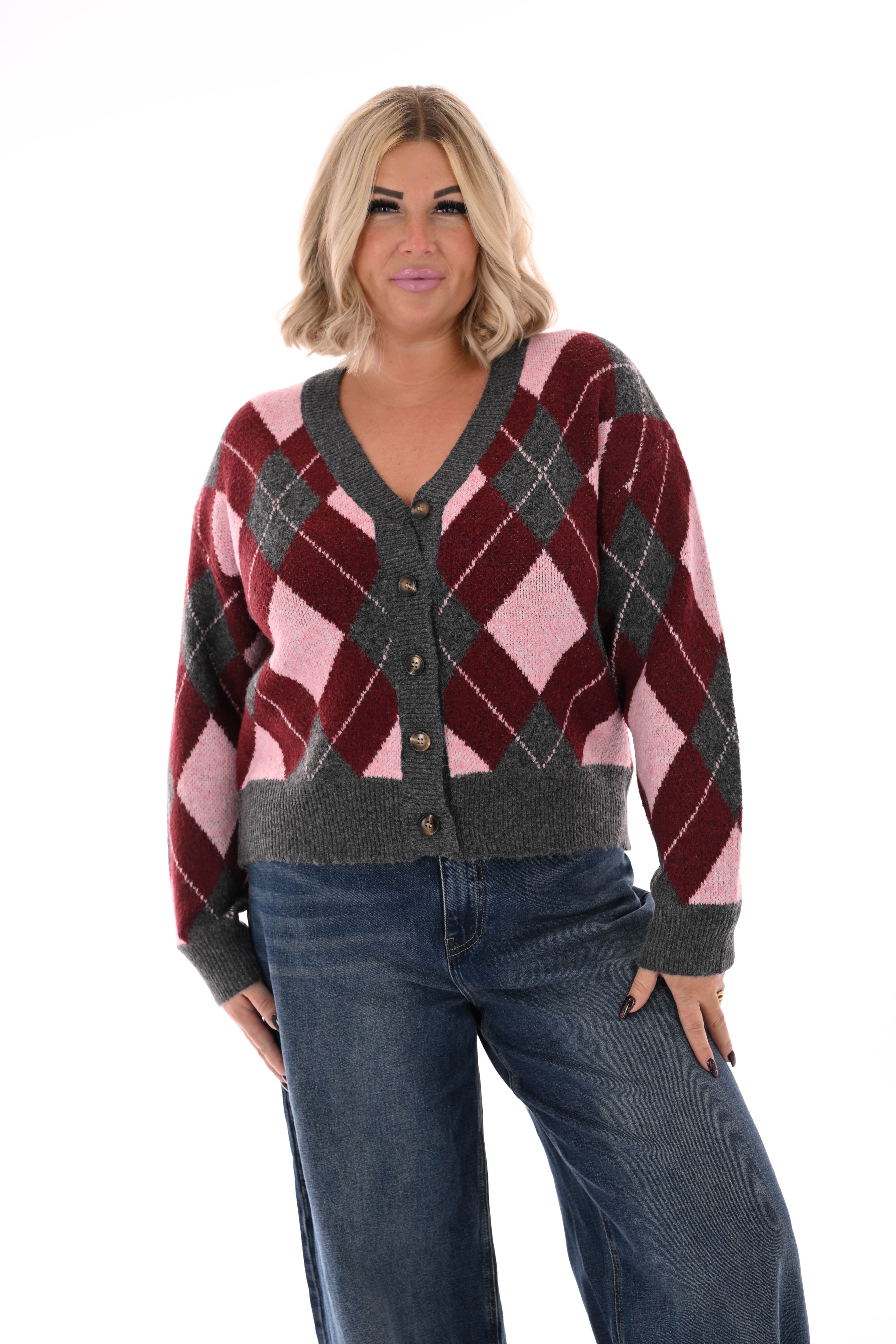 Vest ruitpatroon v-hals bordeaux