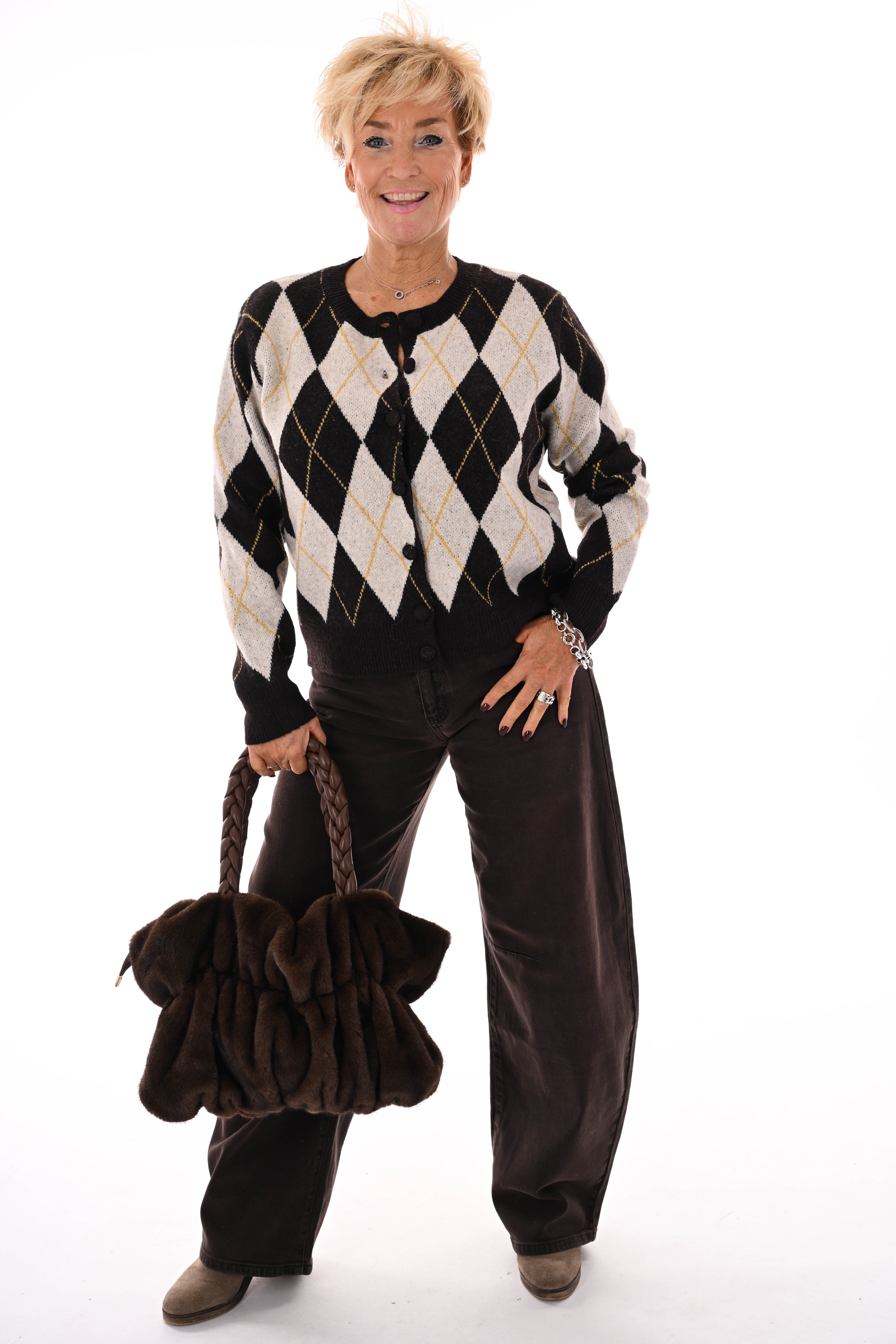 Vest ruitpatroon ronde hals donkerbruin