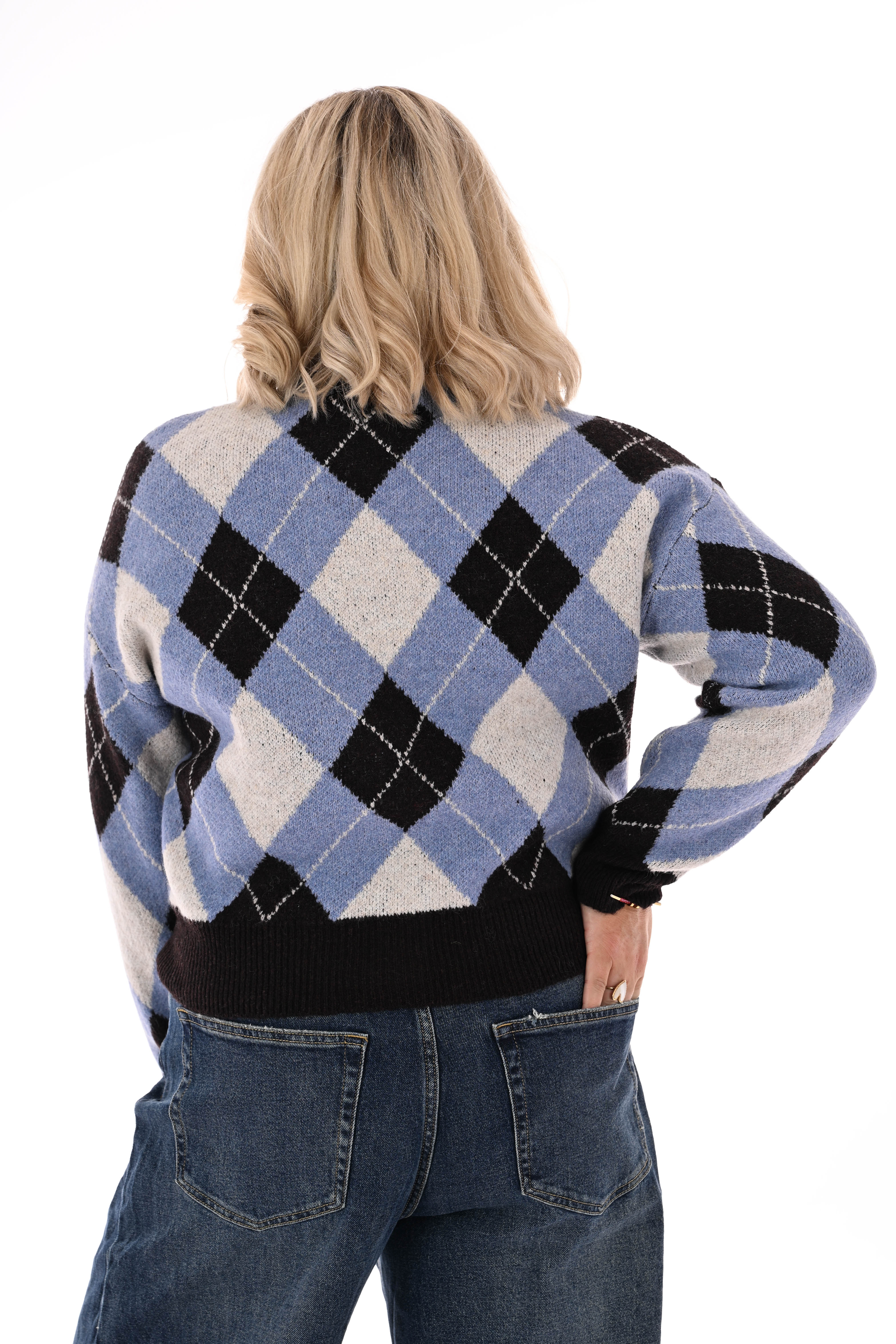 Vest ruitpatroon v-hals blauw