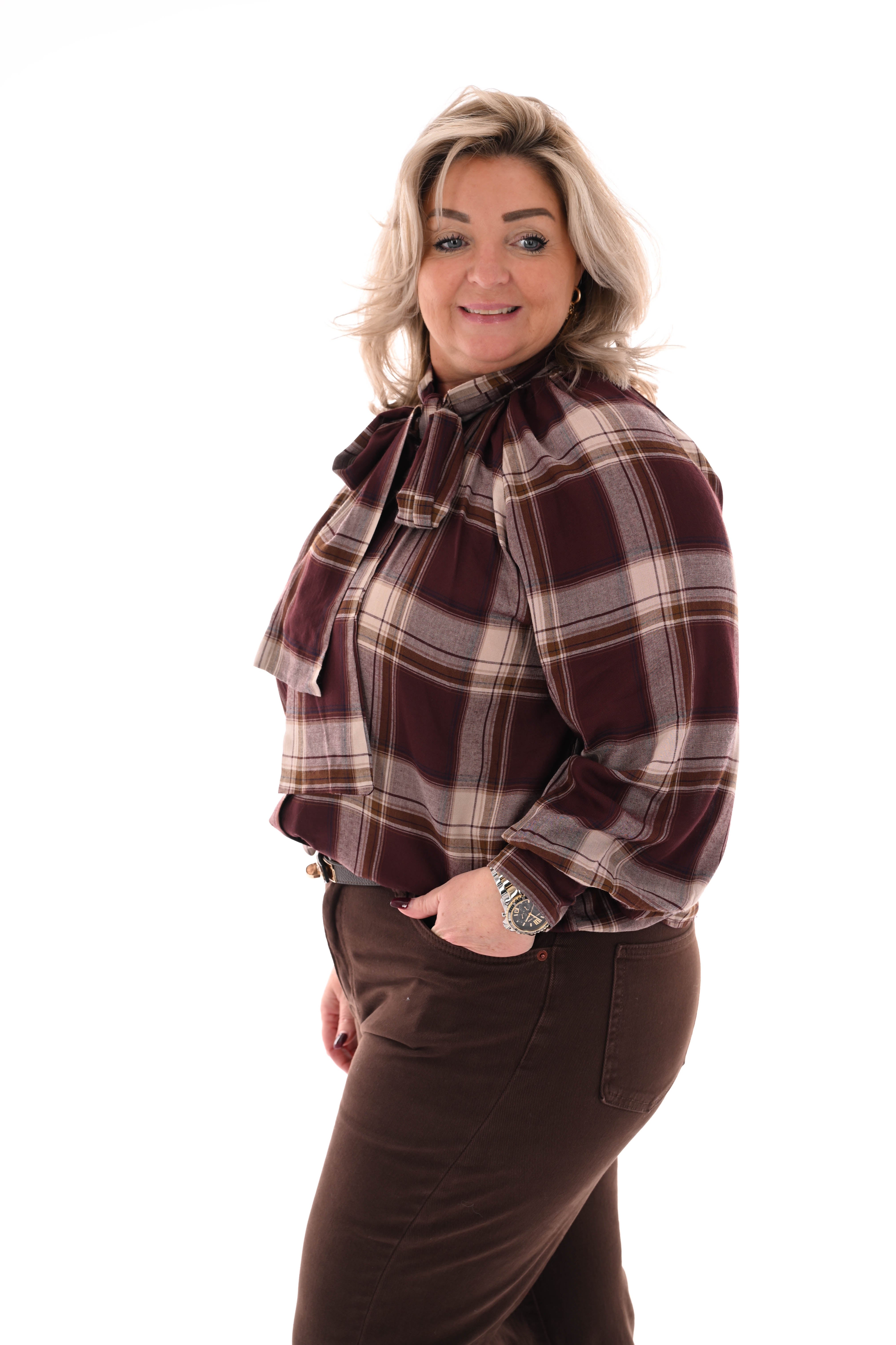 Blouse met strik houthakkers bruin/rood