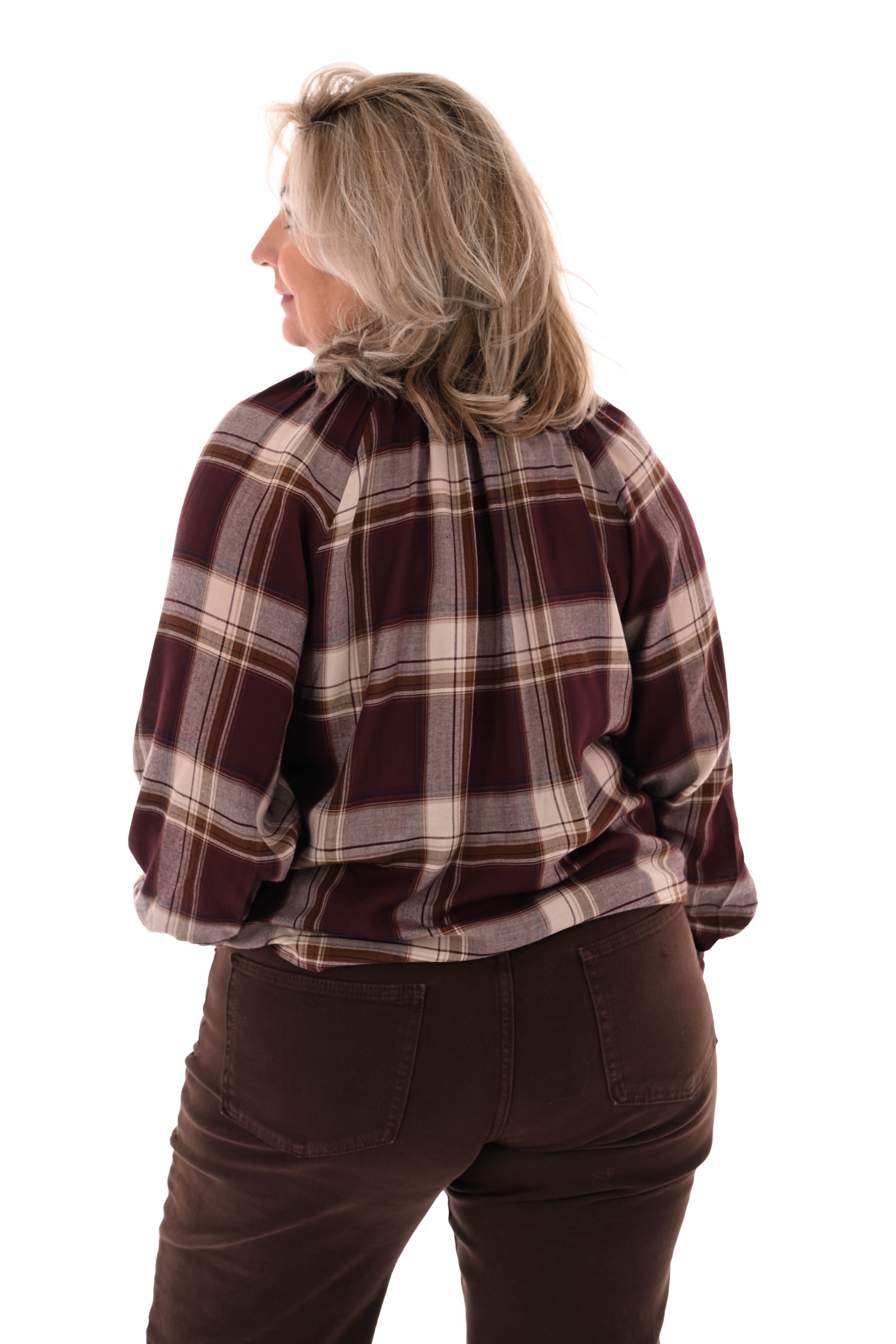 Blouse met strik houthakkers bruin/rood