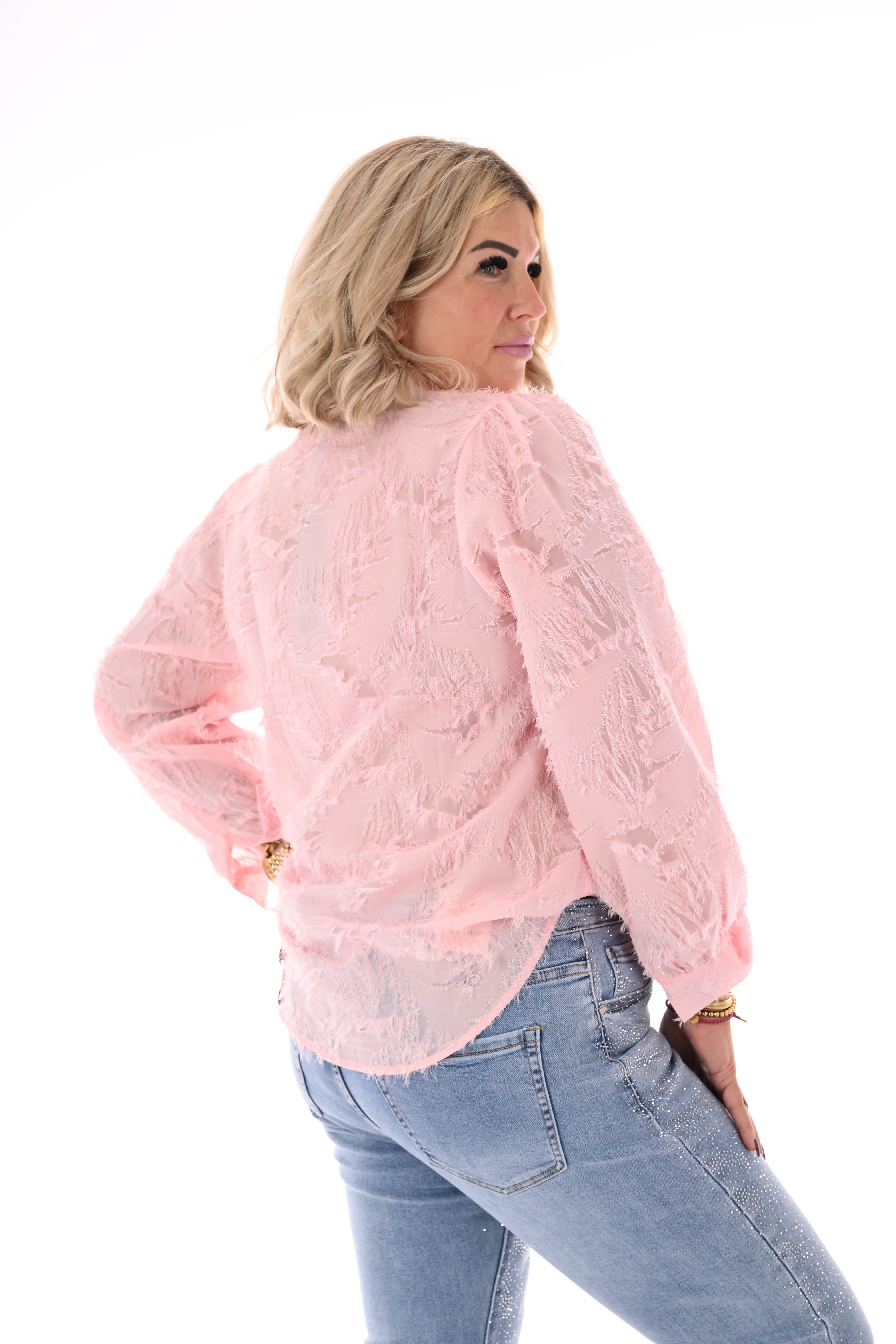 Doorknoop roezelkraag met ruffles lichtroze