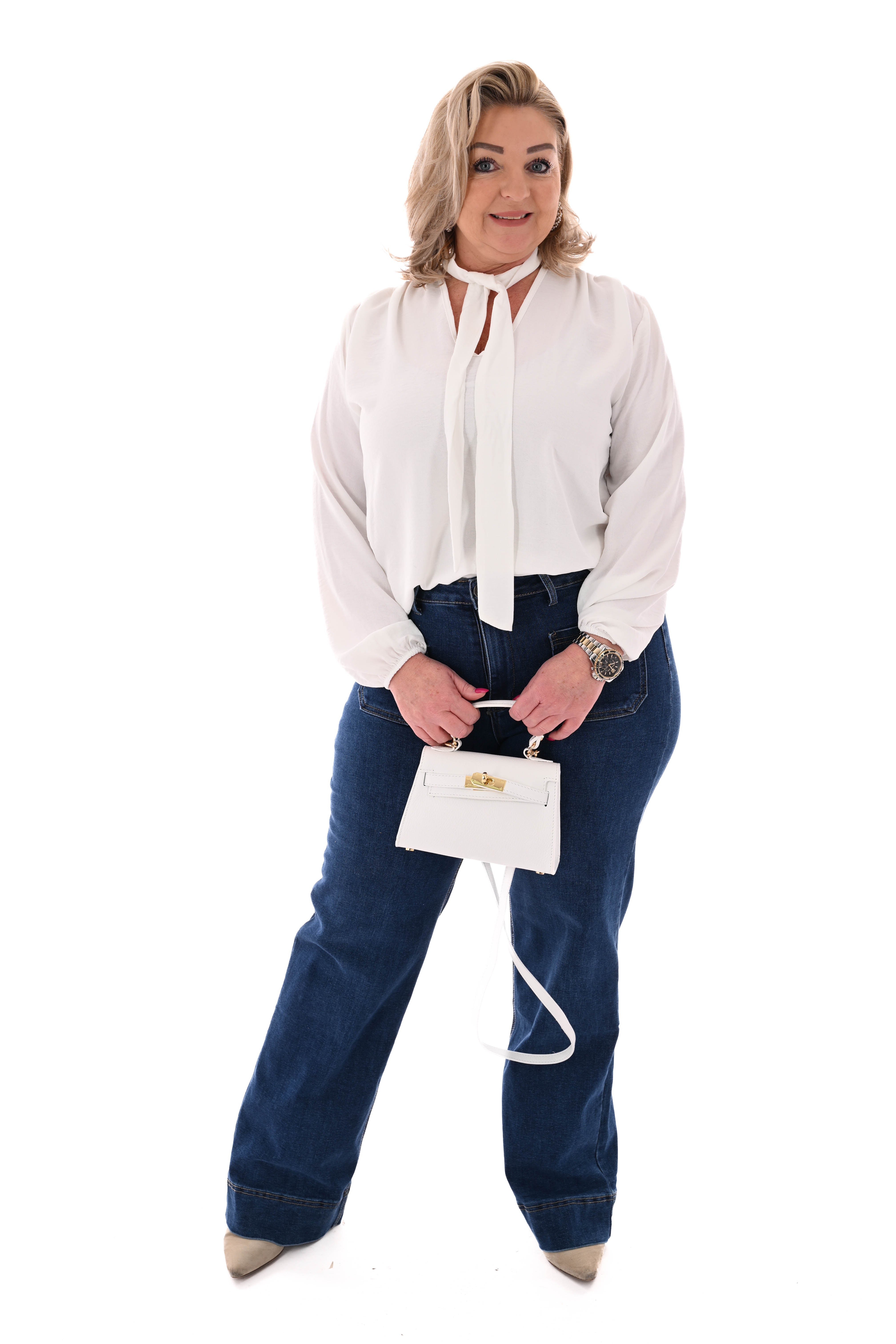 Top lange mouwen met strik roomwit