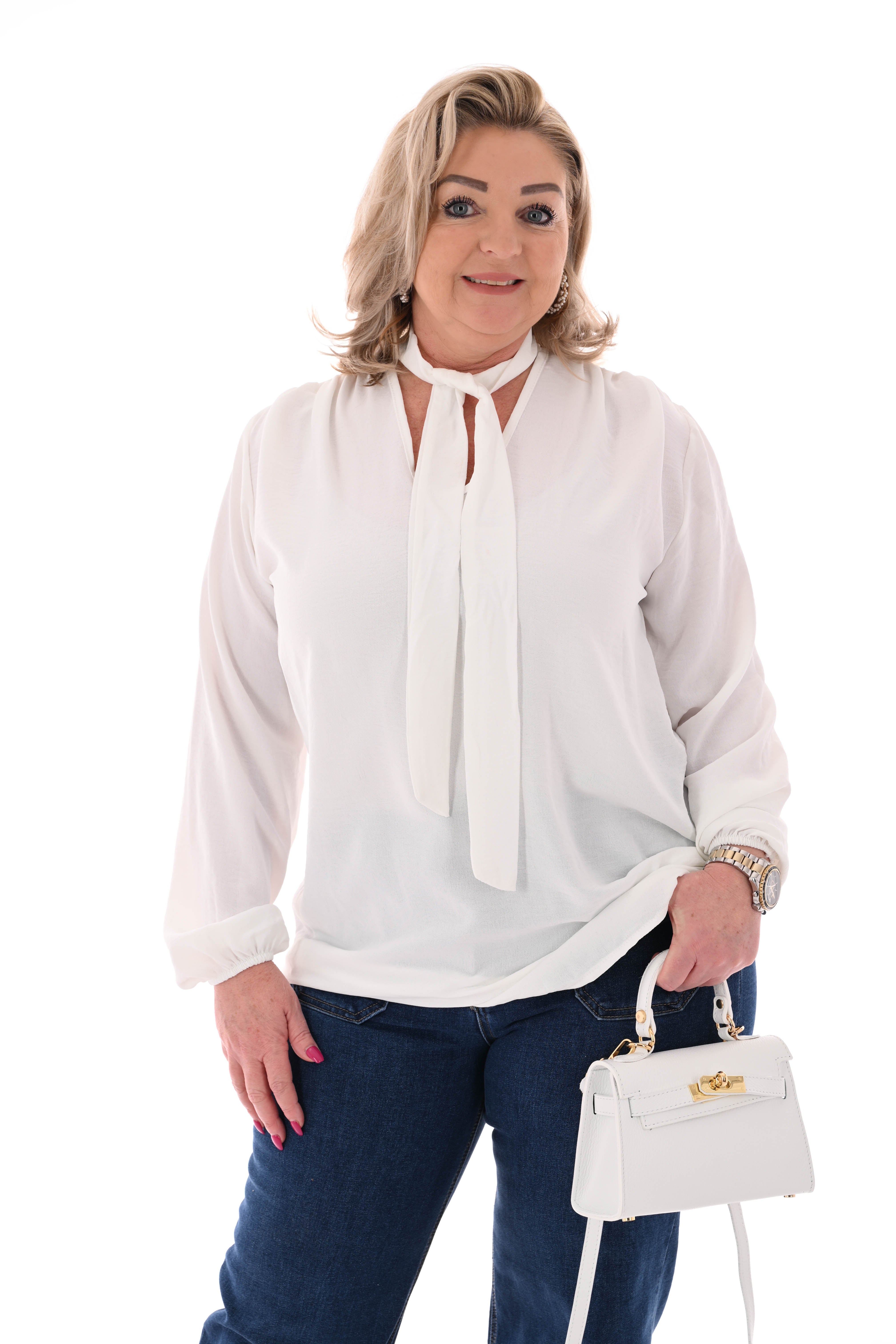 Top lange mouwen met strik roomwit