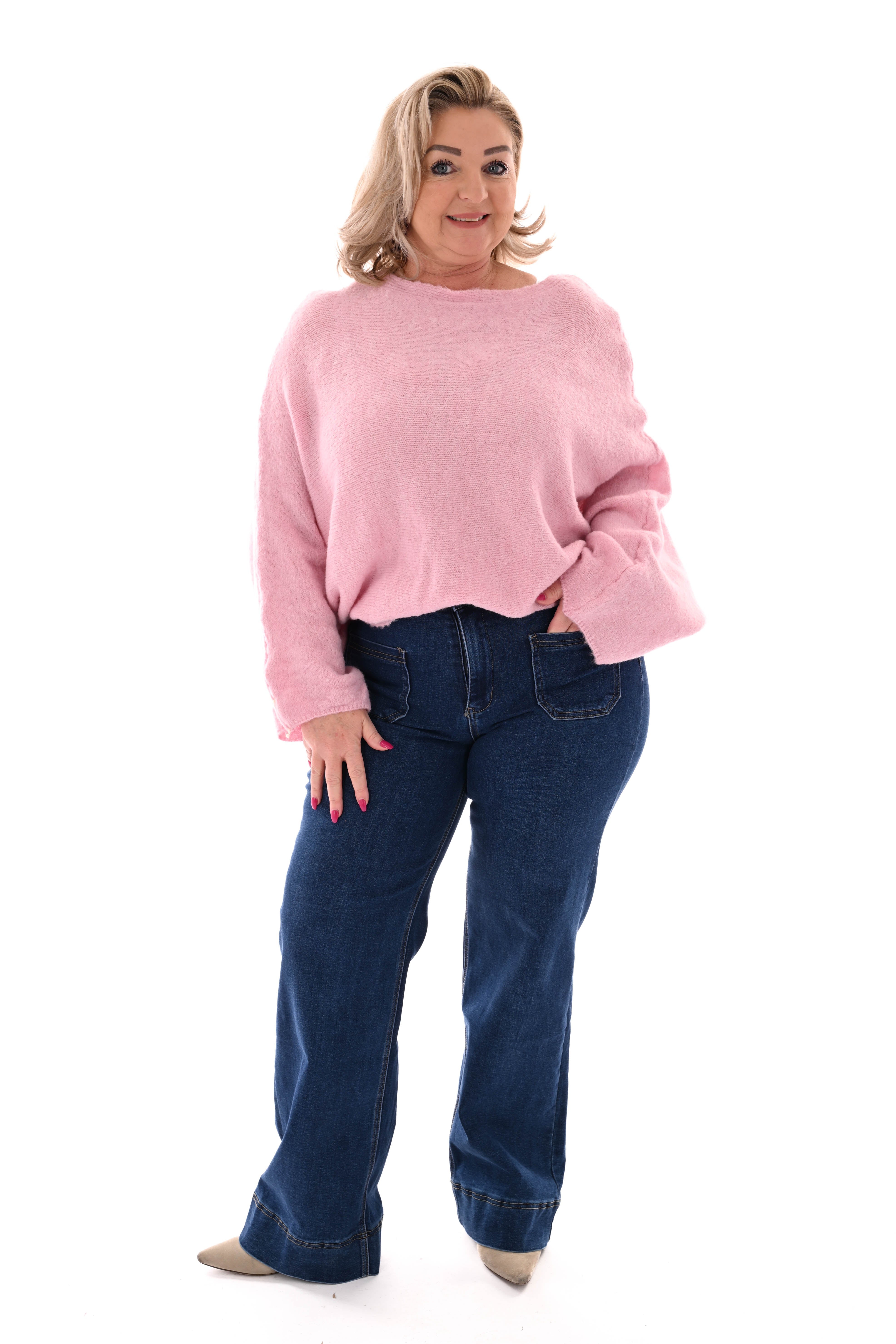 Fijn gebreide vleermuis trui uni lichtroze