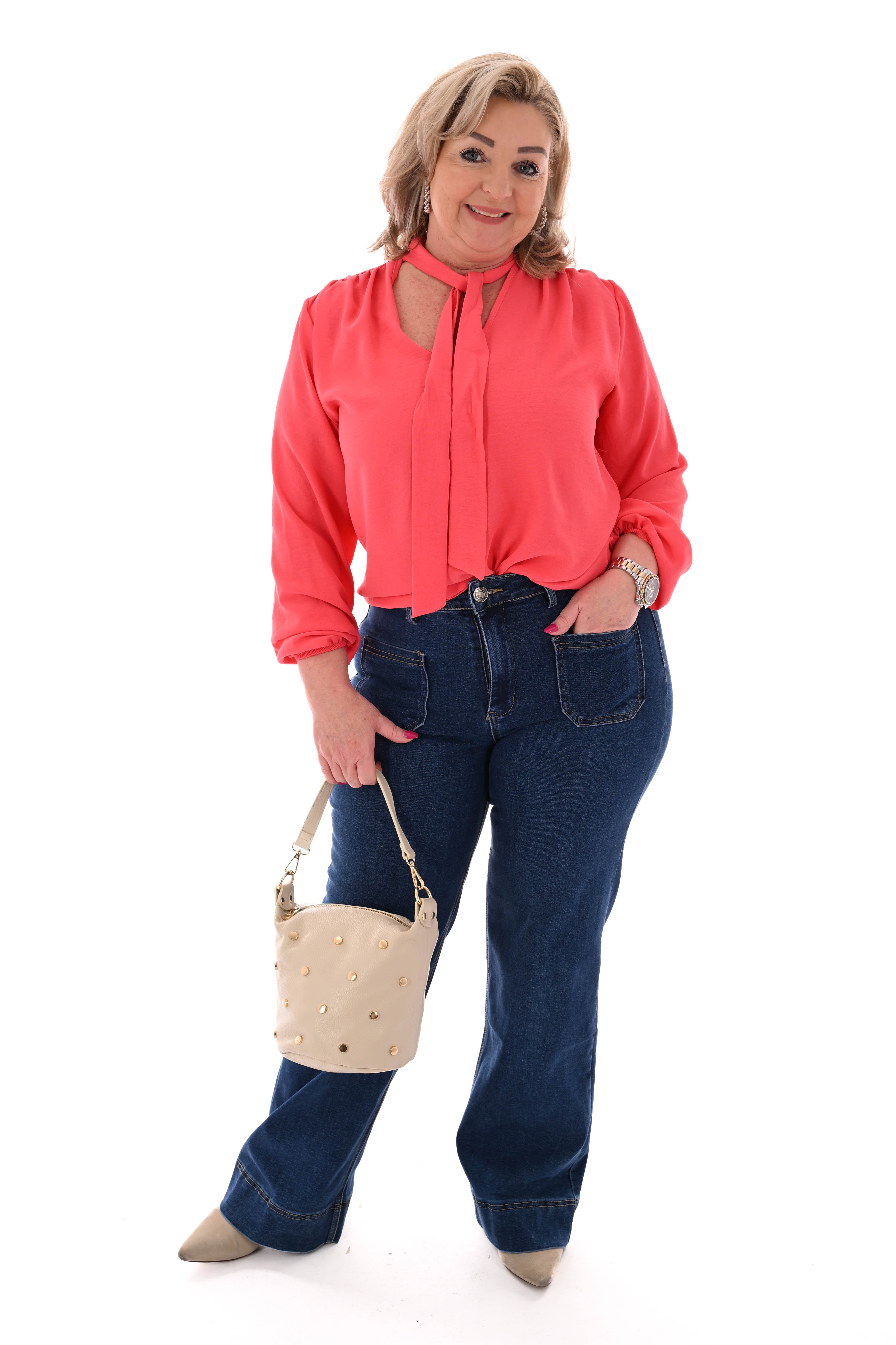 Top lange mouwen met strik koraal