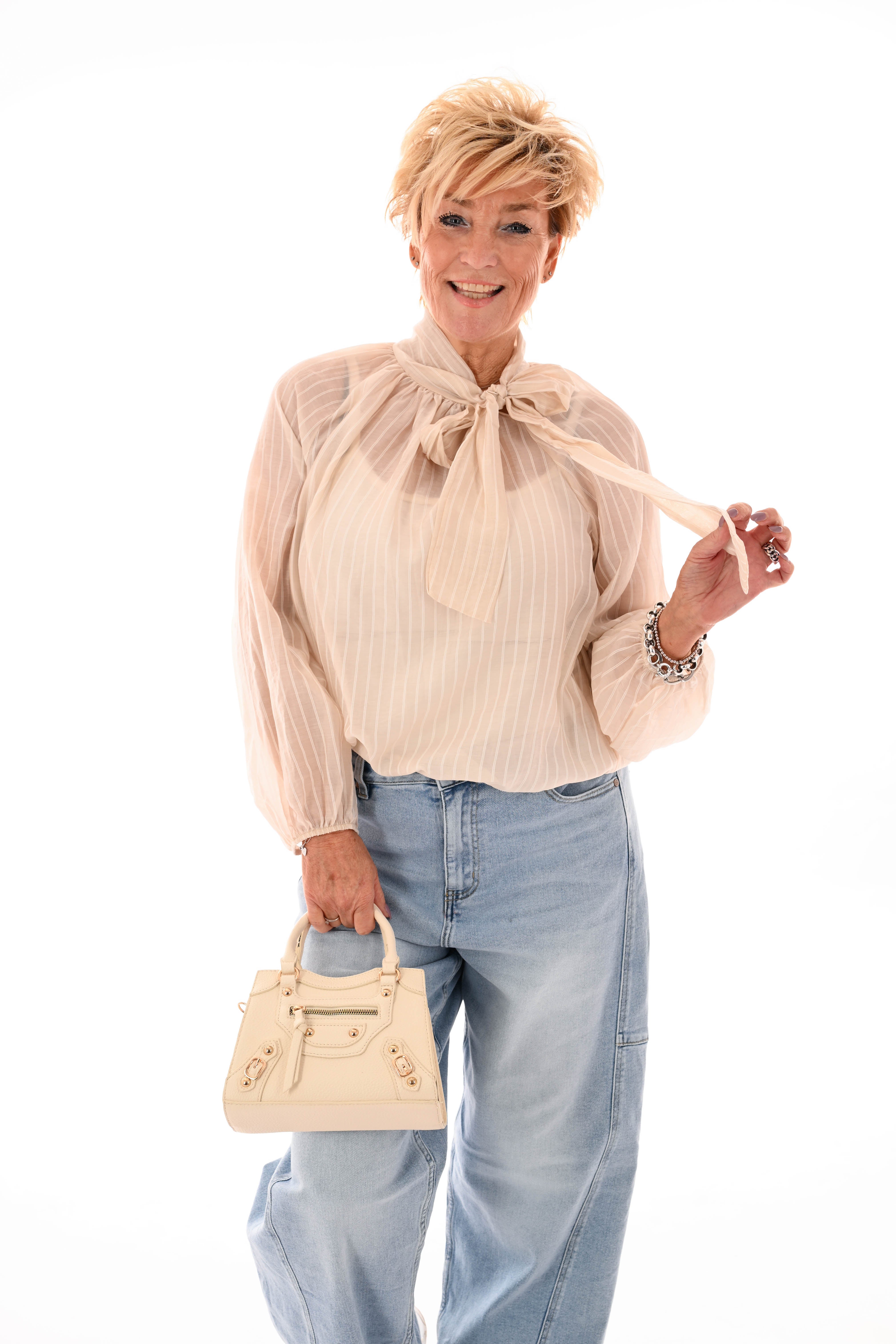 Blouse fijne streepjes met strik beige