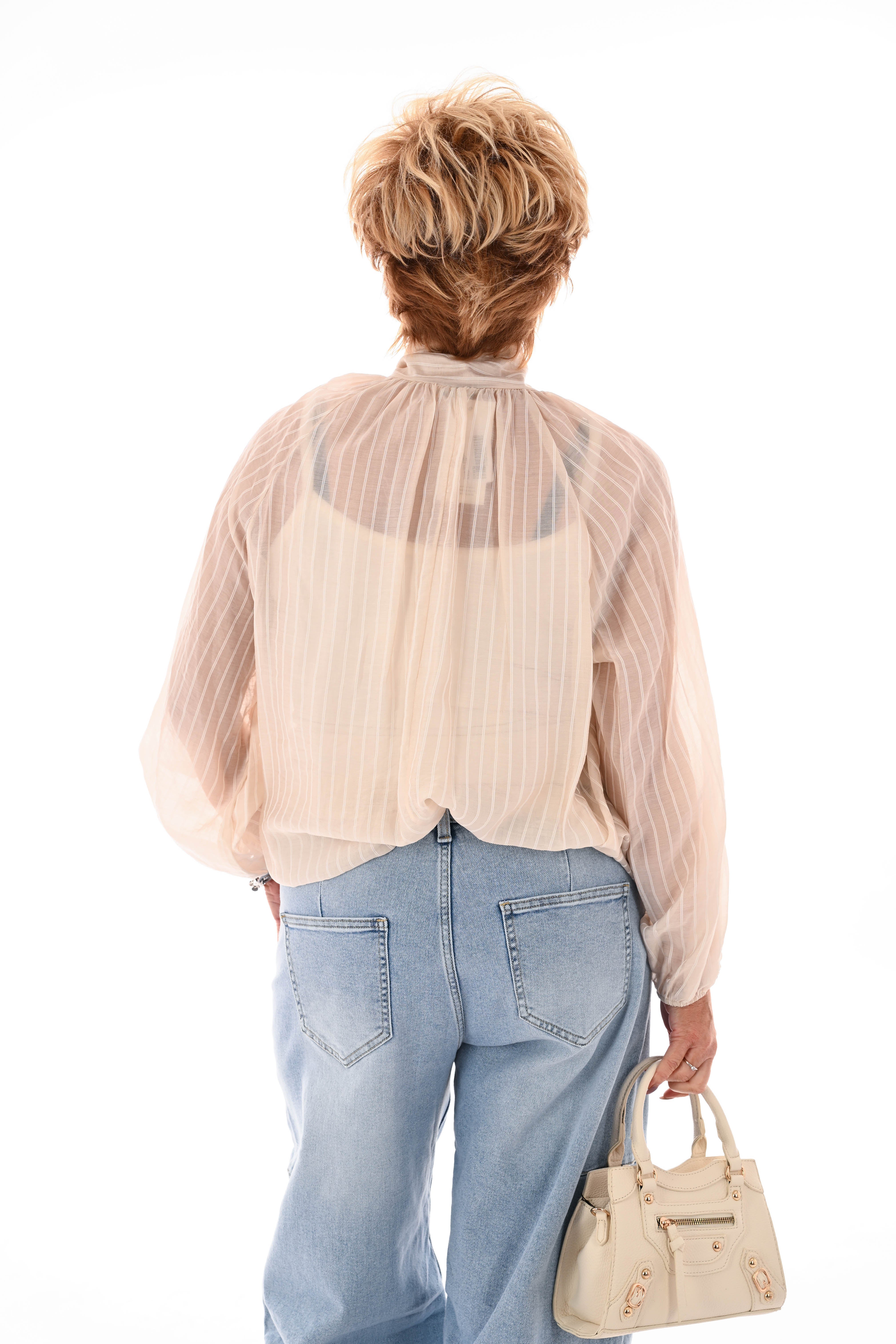 Blouse fijne streepjes met strik beige