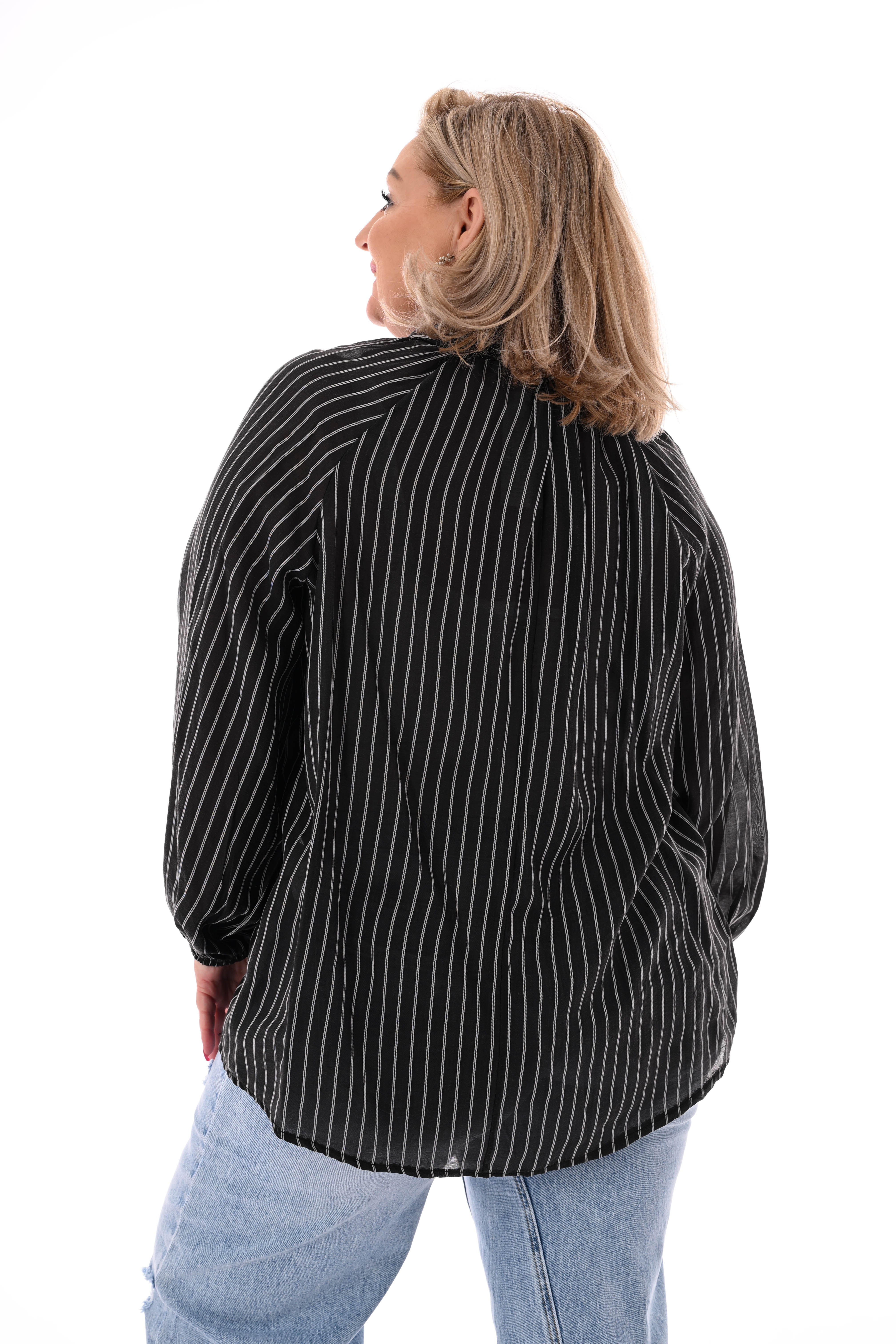 Blouse fijne streepjes met strik zwart