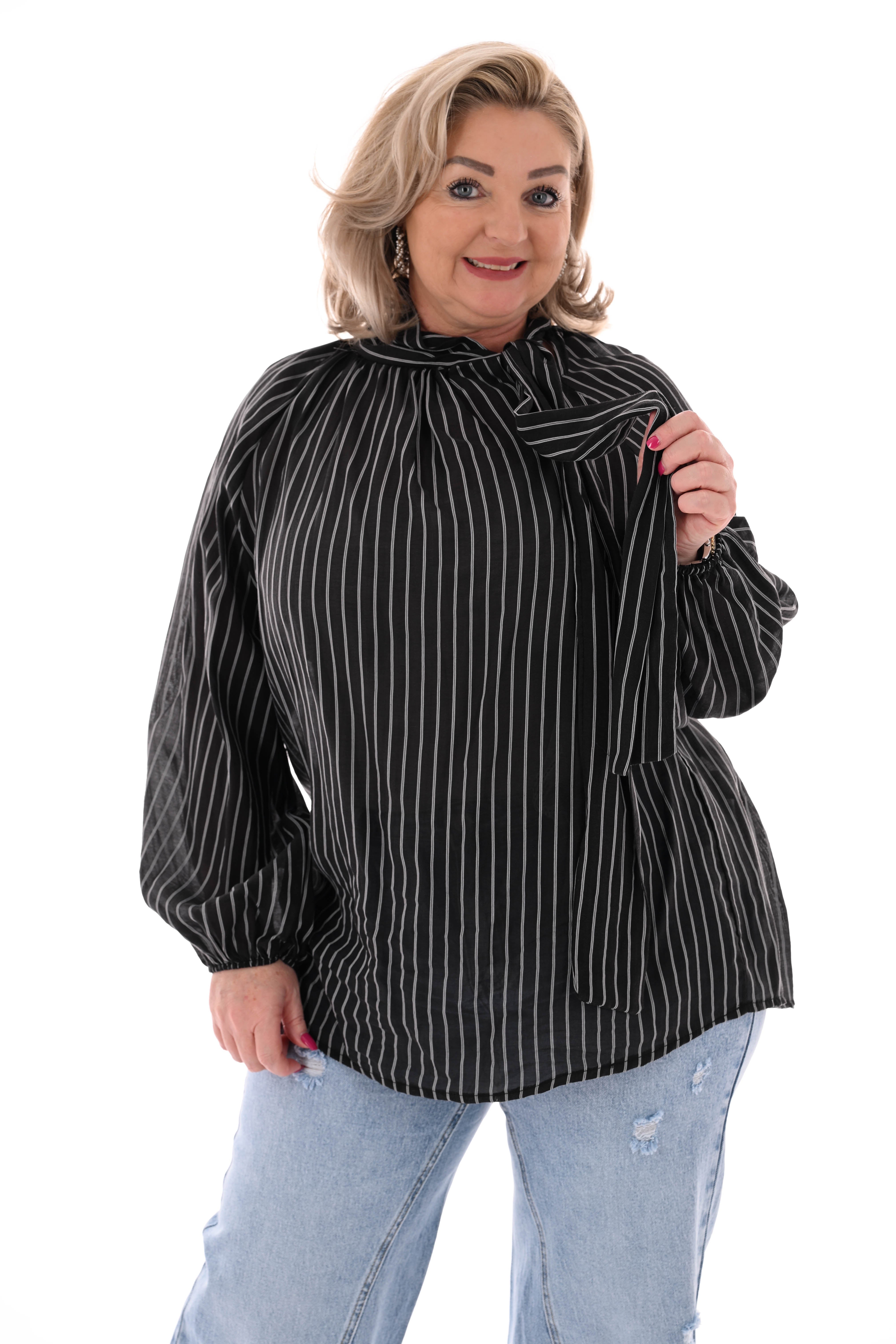 Blouse fijne streepjes met strik zwart