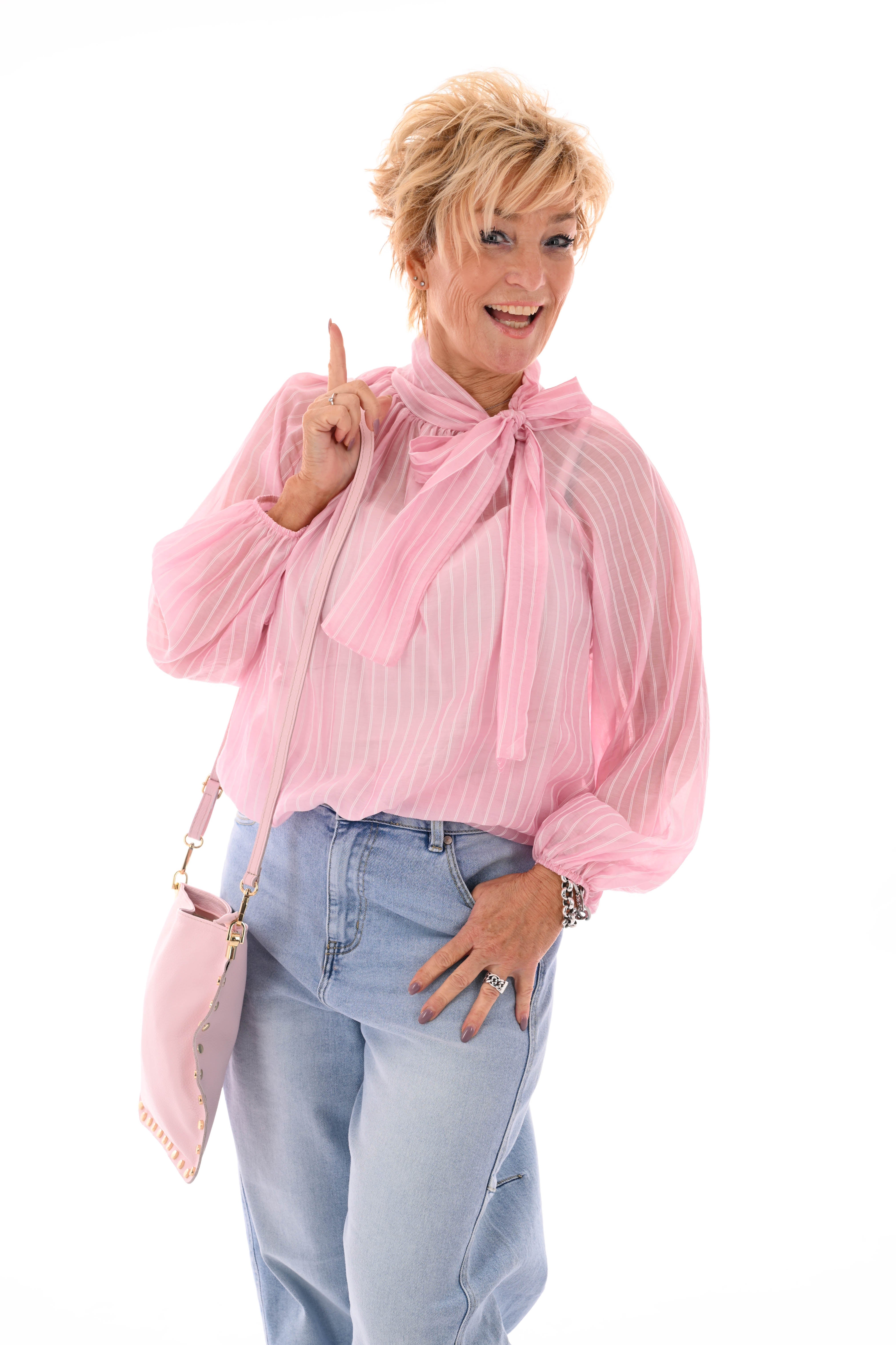 Blouse fijne streepjes met strik lichtroze