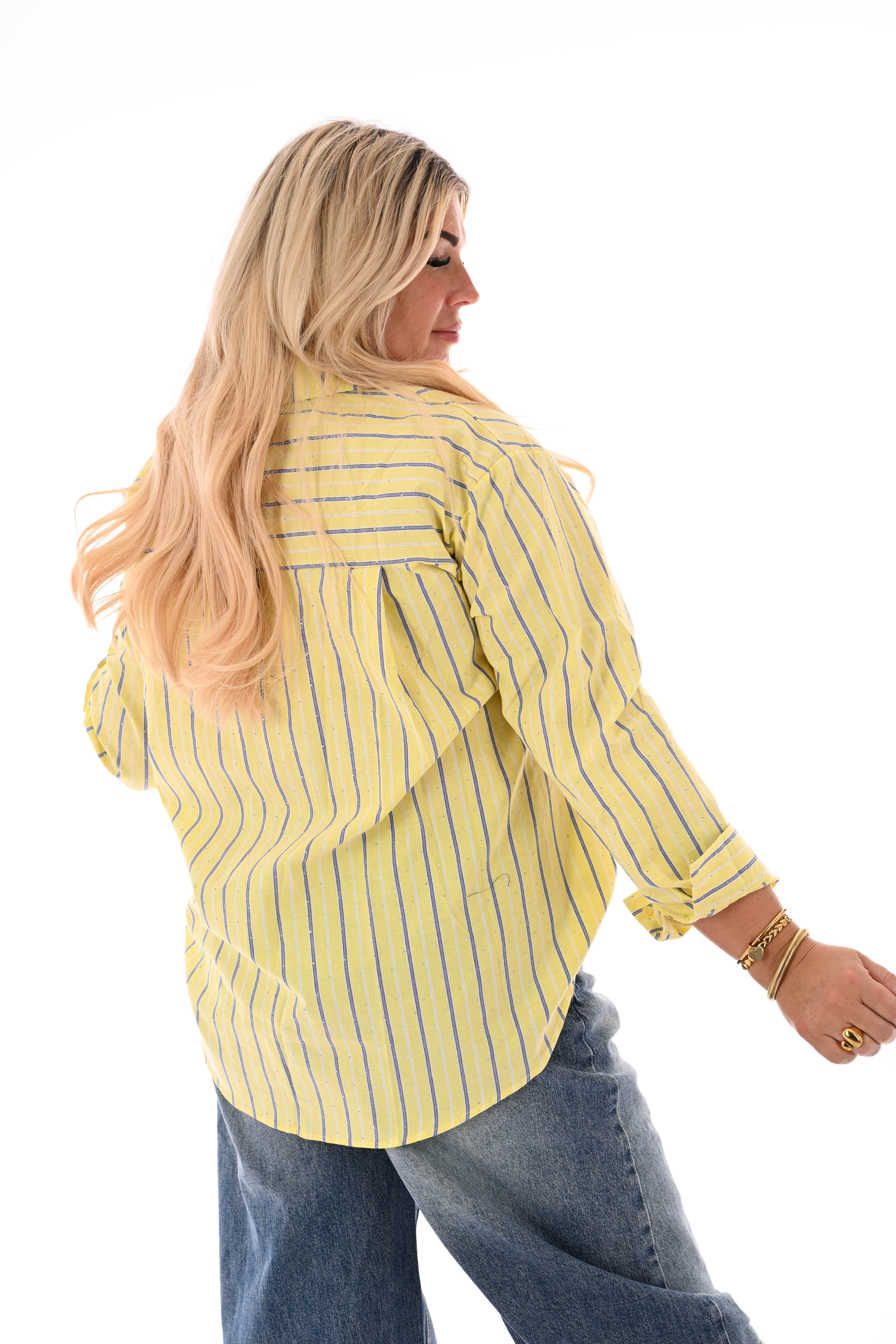 Blouse mix strepen strass geel