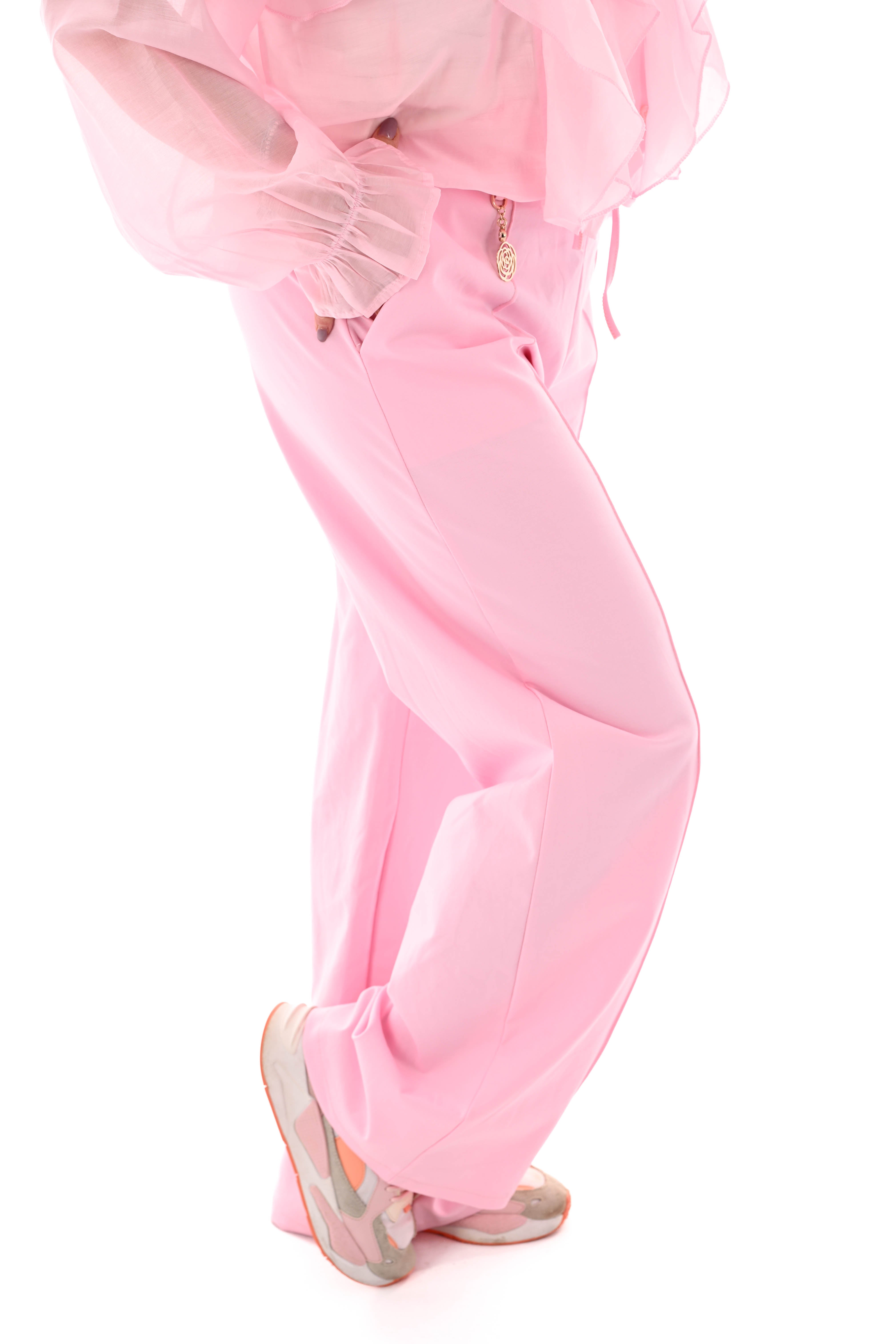 Wijde broek met brede elastieken band lichtroze